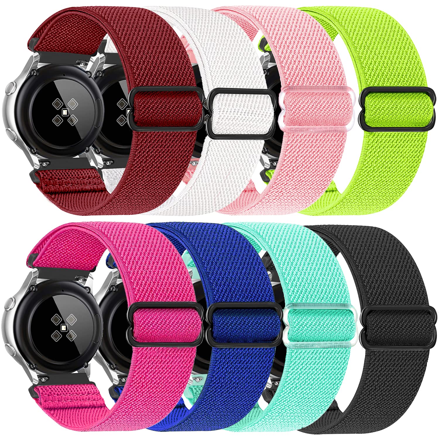 Sport Nylon Solo Loop Bands Compatible With Samsung Galaxy Watch 5 Pro band 45mm/Galaxy Watch 5 & 4 40mm 44mm/Galaxy Watch 4 Classic 42mm 46mm,20mm Adjustable Braided Wristband for Women Men (8 Pack, Wine Red + White + Pink + Fluorescent Yellow + Fluorescent Plum + Blue + Water Blue + Black)