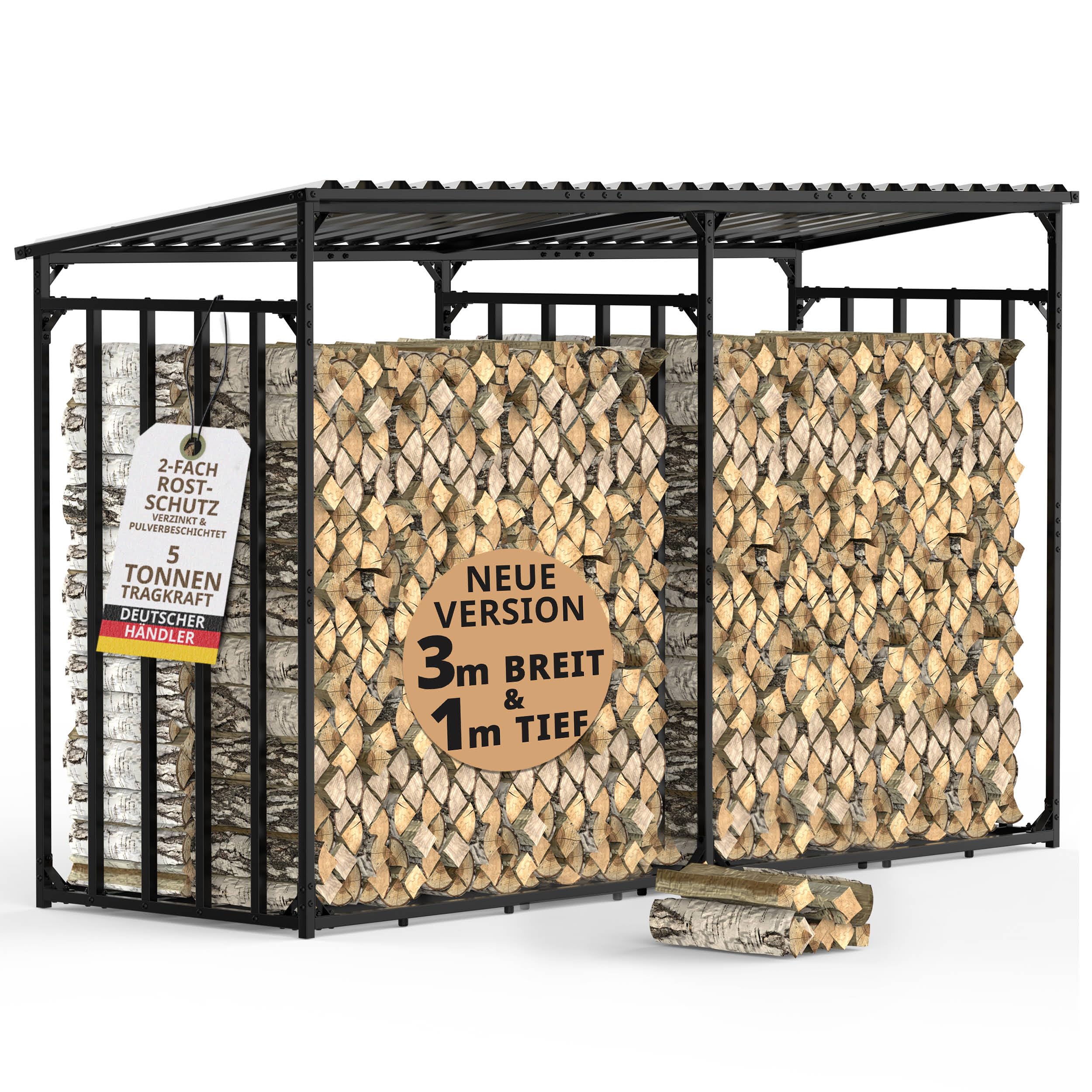 Abri à bûches extérieur en métal avec toit 300x105x185cm galvanisé | Résistant aux intempéries, Capacité 5 m³, Rangement bois de chauffage, XXL 3 m