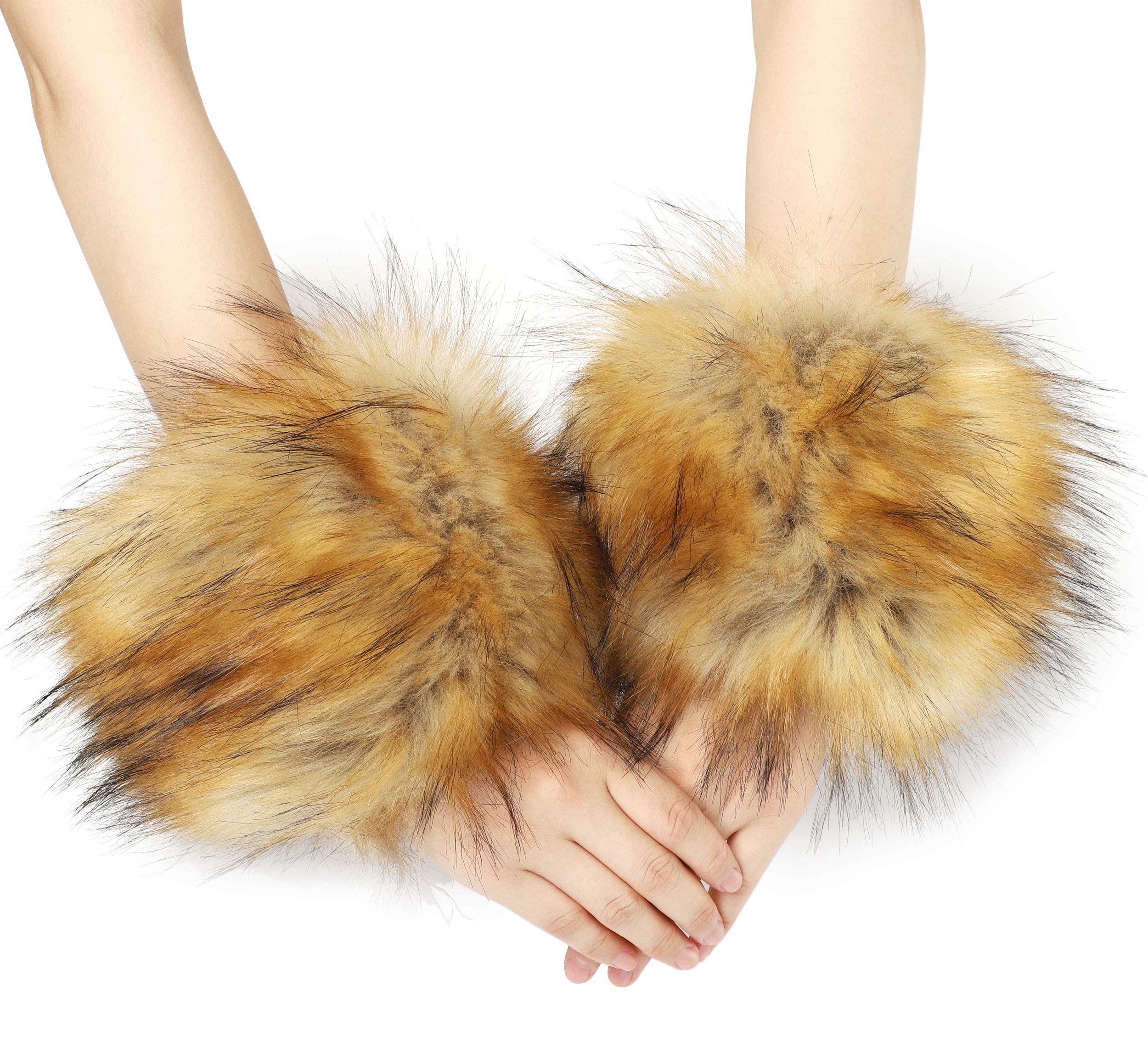 LA CARRIE Women's Leopard Print Faux Fur Wrist Cuffs,Winter Fox Furry Bands Arm Warmer