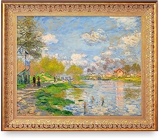 Spring by the Seine by Claude Monet Framed Size:24.5x20.5 inches,Image Size:20x16 inches World Classic Reproductions For HomeDecor,Vintage Pattern Gold Frame
