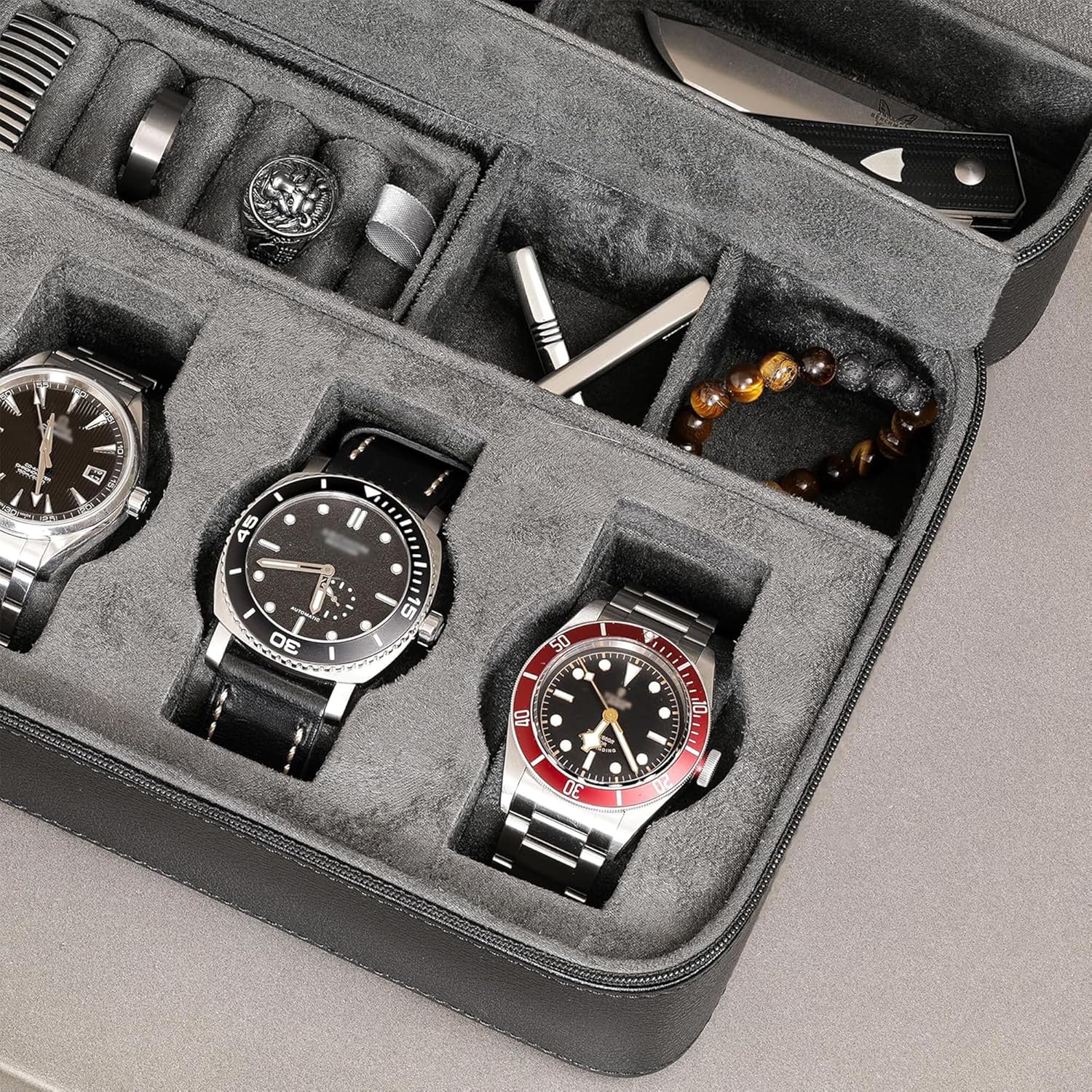 ROTHWELL 8 Watch Travel Case Storage Organizer for 8 Watches, Sunglasses, Rings & Cufflinks |Tough Portable Protection with Zipper Fits Most Wristwatches & Smart Watches Up to 50mm (Black/Grey)