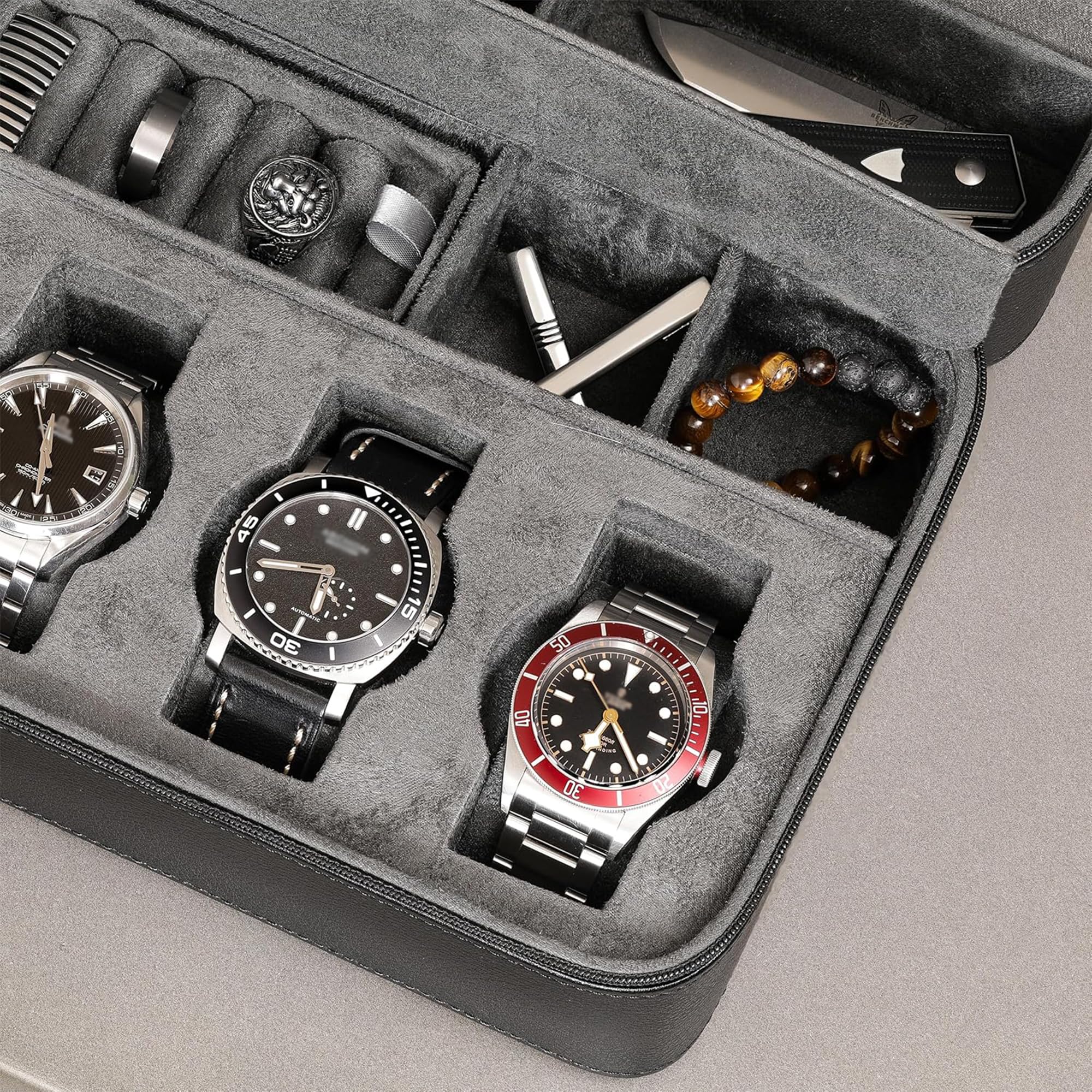 ROTHWELL Custodia da viaggio per 8 orologi, per 8 orologi, 2 paia di occhiali da sole, anelli e gemelli, resistente protezione portatile con cerniera, adatta a tutti gli orologi da polso e smartwatch