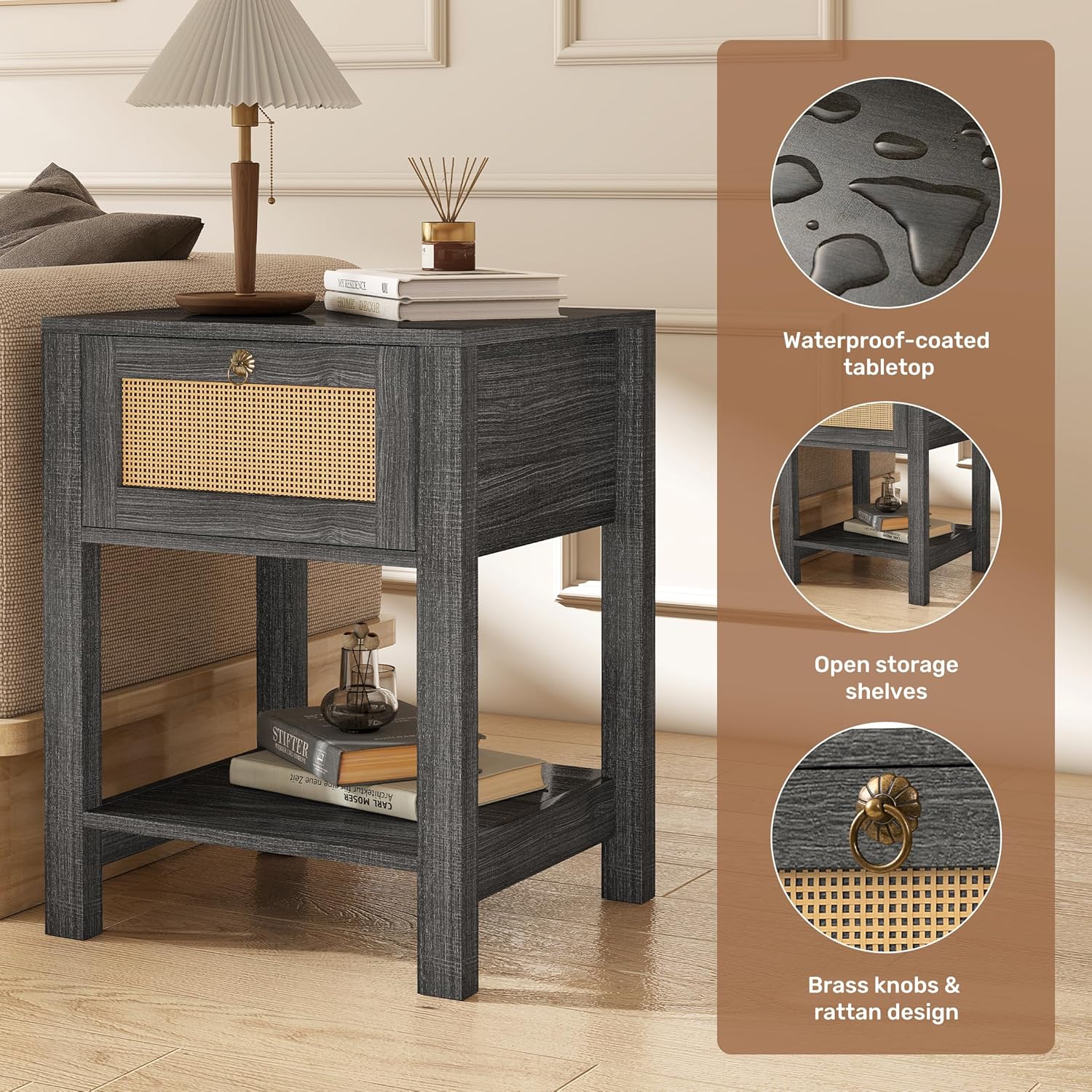 Miereirl Rattan Nightstand Set of 2, Rattan Decor Drawer with Brass Knobs Bohemian End Tables Side Tables with Storage Shelf, Dark Grey