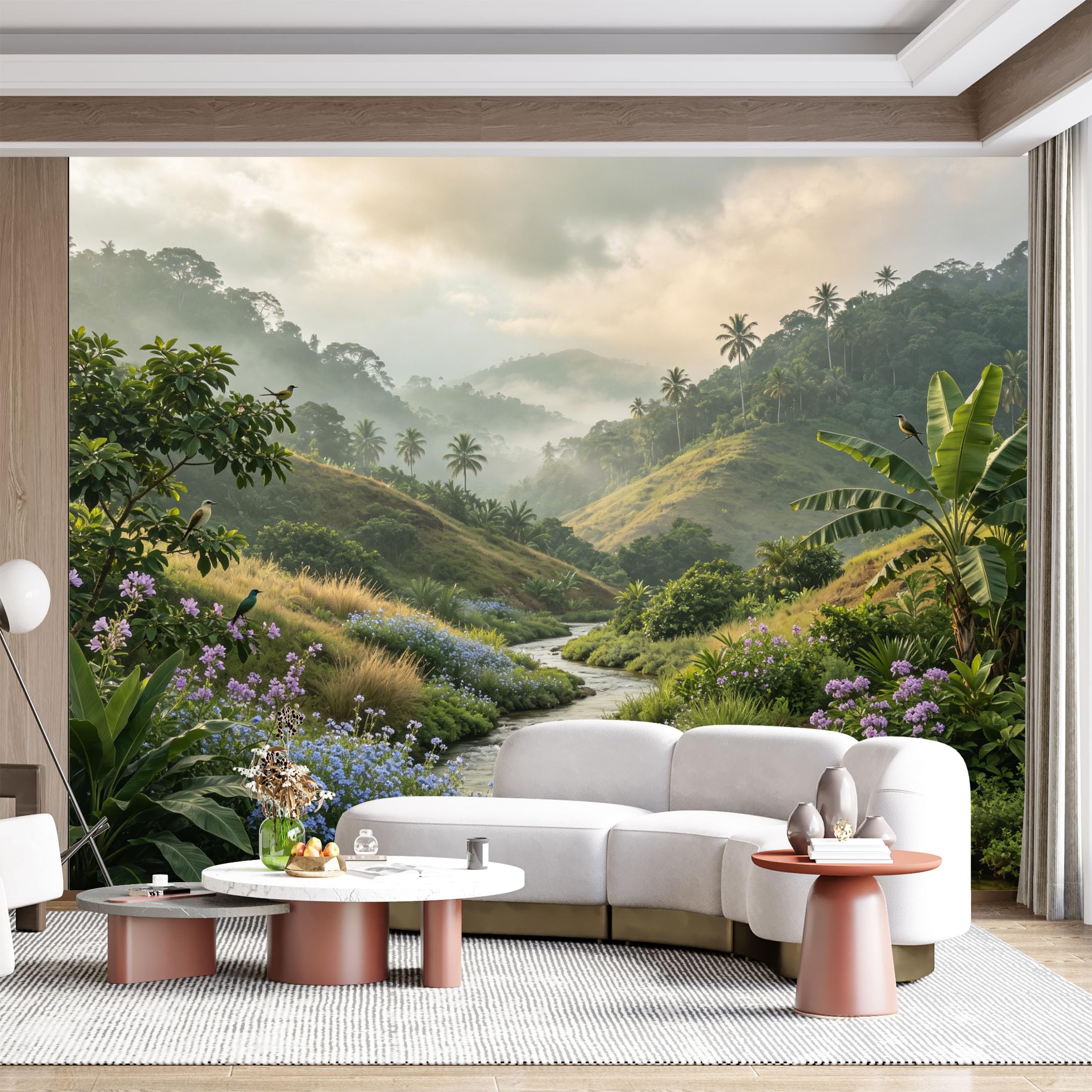 Custom Size Wall Mural Tropical Jungle River Waterfall Nature Landscape Botanical Floral Watercolor SelfAdhesive Wall Fabric Removable for Home Office Decor