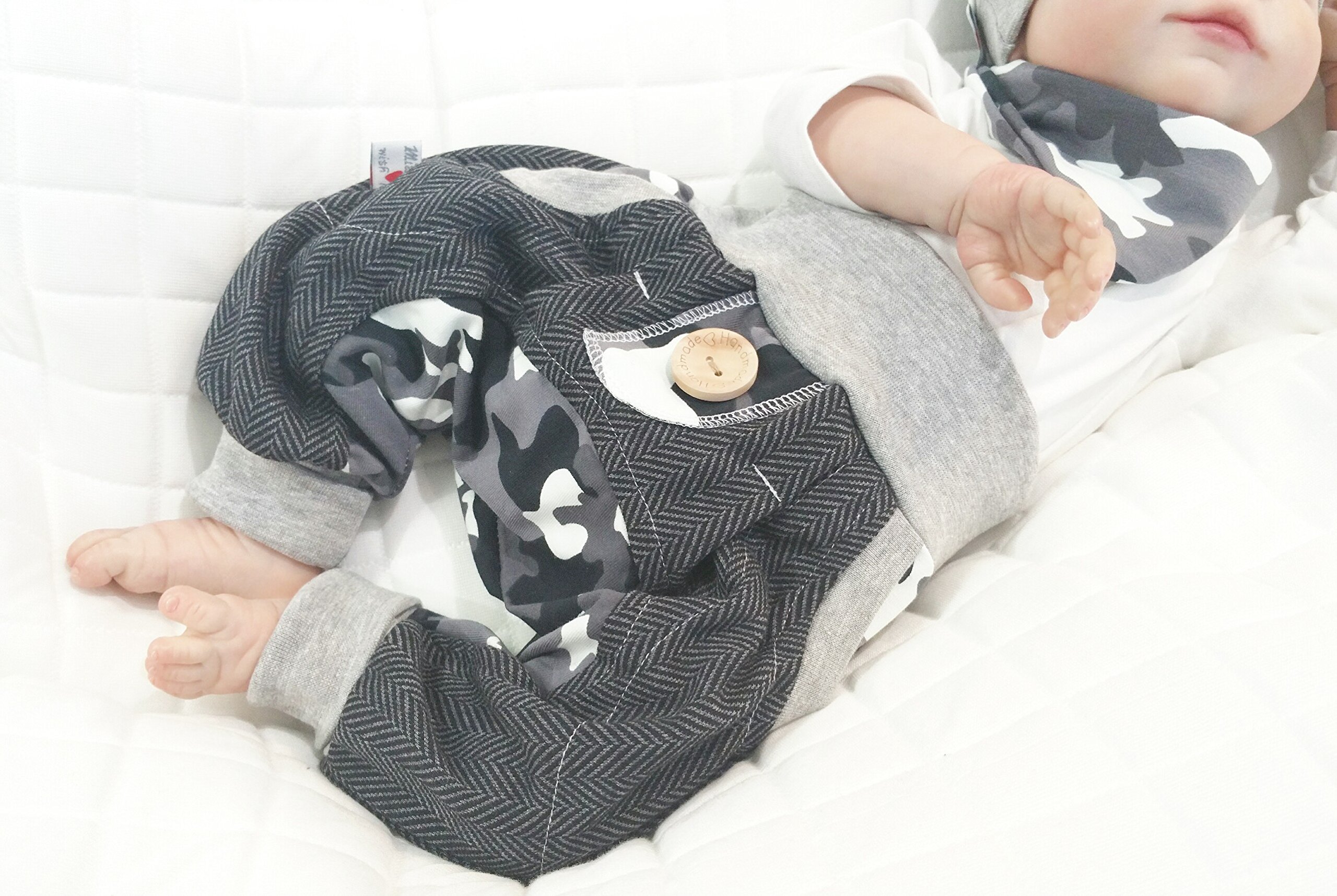 Atelier MiaMia - Pumphose oder als Set Baby Kind von 50, 56, 62, 68, 74, 80, 86, 92, 98 Designer Babyhose Limitiert !! Mitwachshose Tarnfarbe grau/weiß