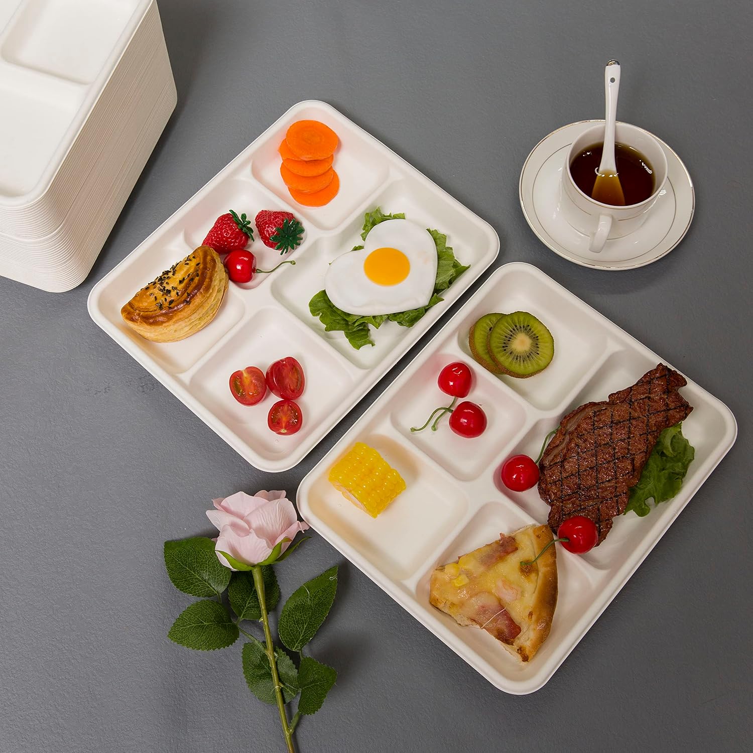 Small and Shallow 10.25 * 8.25inch 5 Compartment Plates 125pack, Disposable 5 Section eco friendly Sugarcane Divided Plates,School Lunch Tray And Disposable Plates With Compartment - Image 5