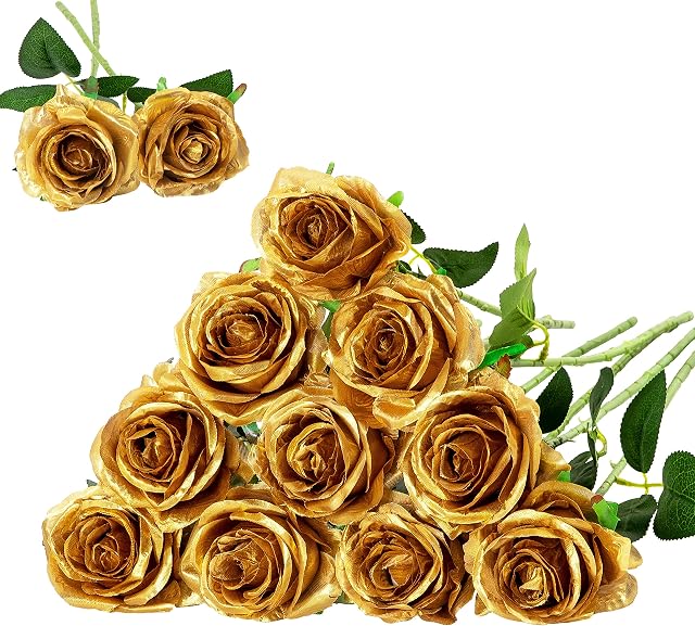 Floralsecret 12 Pcs Artificial Silk Roses Flower Bouquet Faux Flowers Home Wedding Party Decor(Gold)