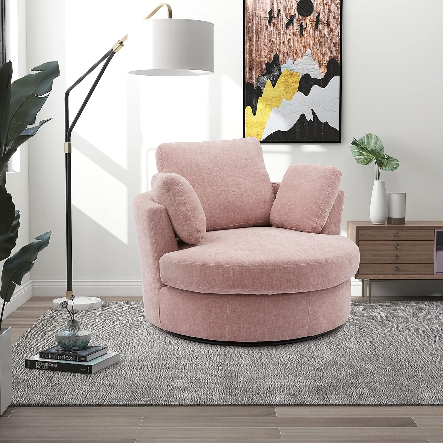 42.2" W Swivel Accent Barrel Chair and Half Swivel Sofa with 3 Pillows 360 Degree Swivel Round Sofa Modern Oversized Arm Chair Cozy Club Chair for Bedroom Pink 42.2" L x 41" W x 33.1" H