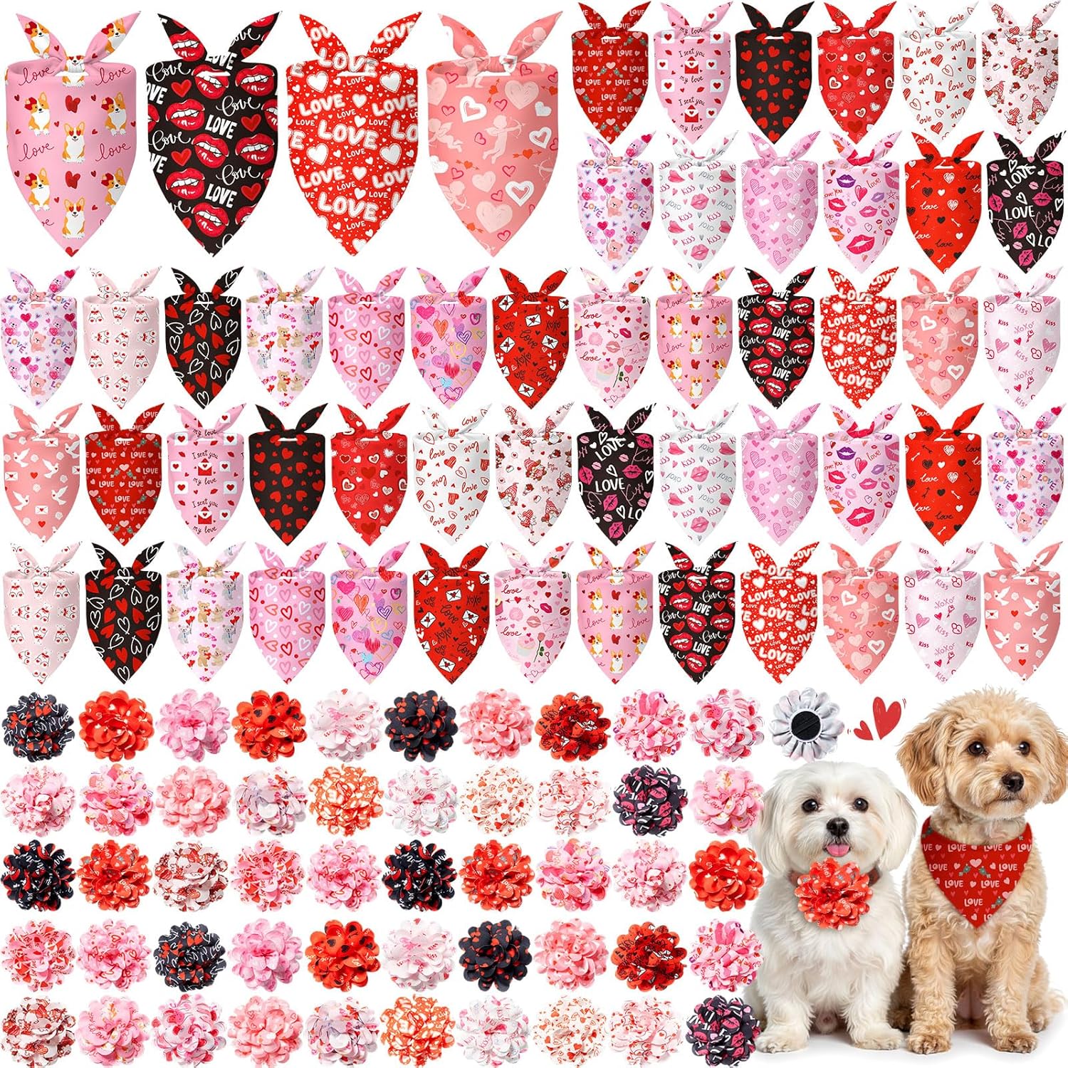 100 Pcs Valentine's Day Dog Bandanas & Flowers Set, Heart Love Pet Scarf Accessories for Dogs, Grooming, Party, Photo Props & Pet Shop Decorations
