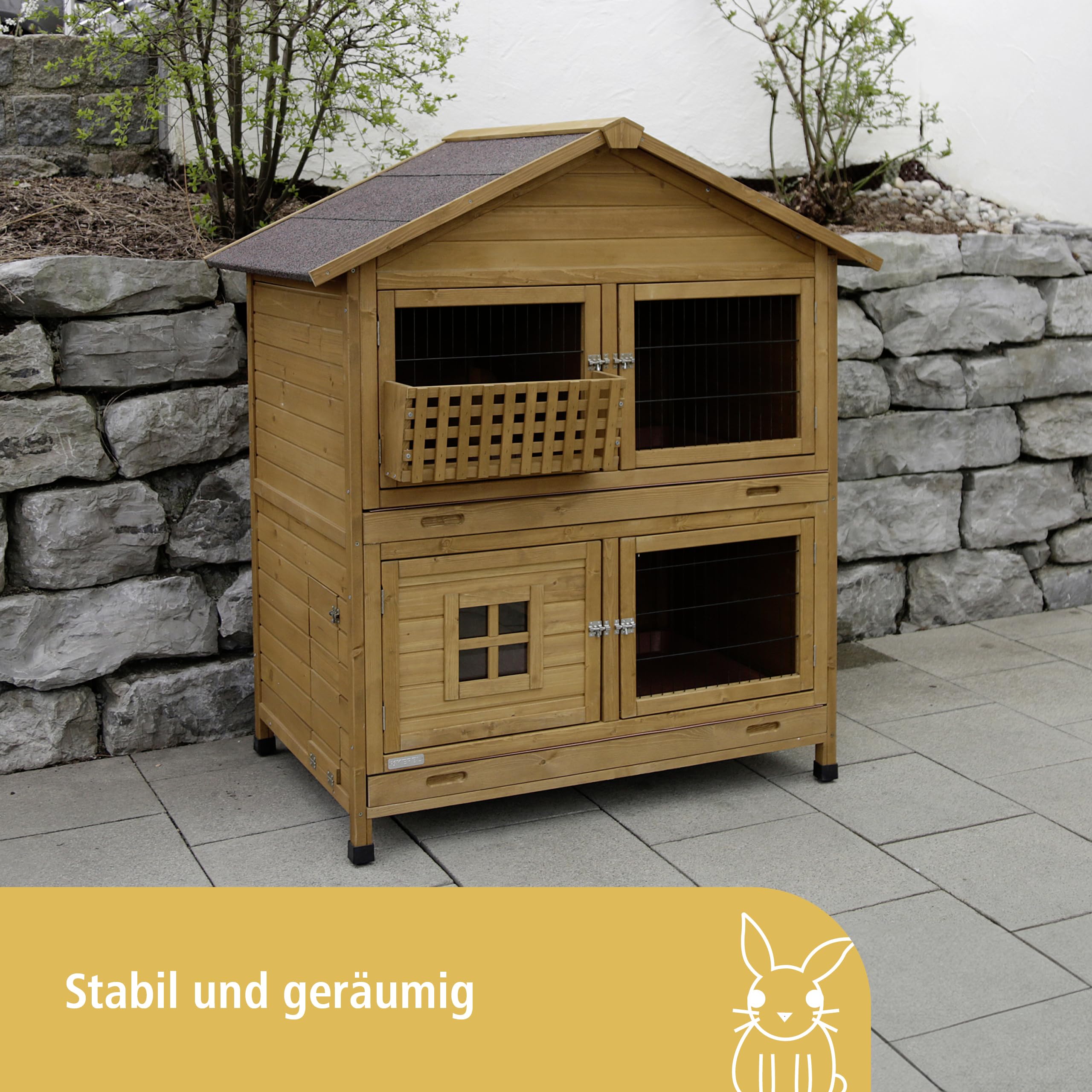 Kerbl Nagerstall Südtirol (für Kleintiere, 4 Fronttüren, Hasenstall mit 2 Ebenen, seitliche Klappe für Freigehege, Stall für Nagetiere) 81725