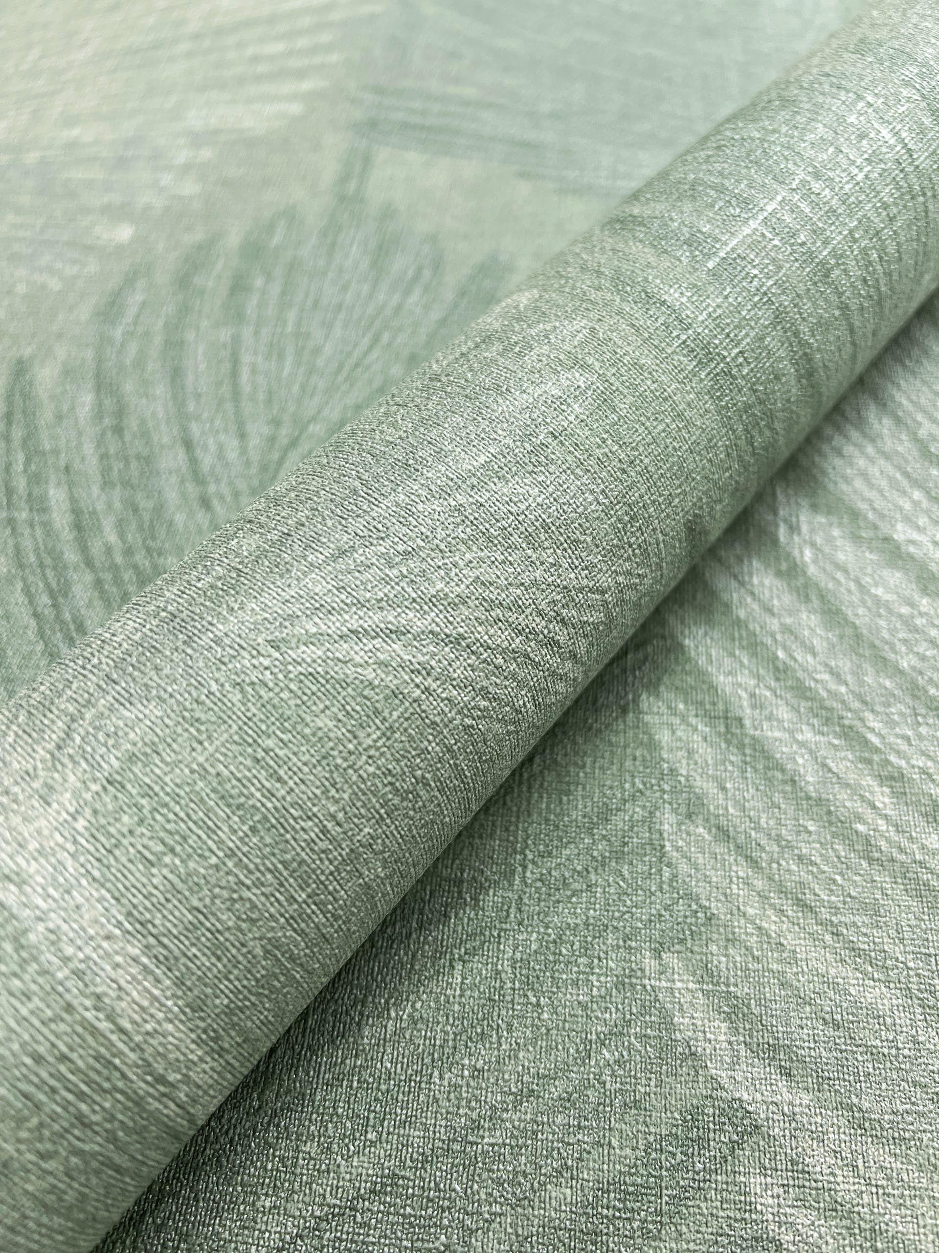 Newroom carta da parati TNT verde foglie di palma soggiorno | fronde verde salvia con trama in lino, effetto opaco cangiante, motivo floreale boho naturale, camera da letto, ingresso