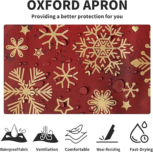 Miniatura 5 de Delantal de invierno dorado con copos de nieve para adultos, delantales rojos de Navidad con correa ajustable, delantales para hornear con dos