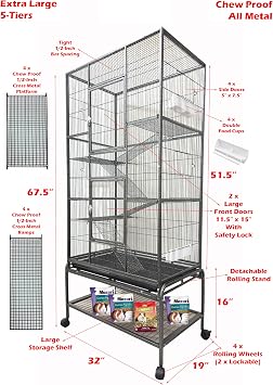 Huge X-Large Wrought Iron 4-Level Chew-Proof Tight 1/2-inch Wire Spacing Ferret Chinchilla Sugar Glider Rats Mices Rabbit Squirrel Hamster Cage with Detachable Rolling Stand