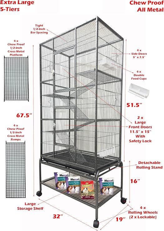 Huge X-Large Wrought Iron 4-Level Chew-Proof Tight 1/2-inch Wire Spacing Ferret Chinchilla Sugar Glider Rats Mices Rabbit Squirrel Hamster Cage with Detachable Rolling Stand