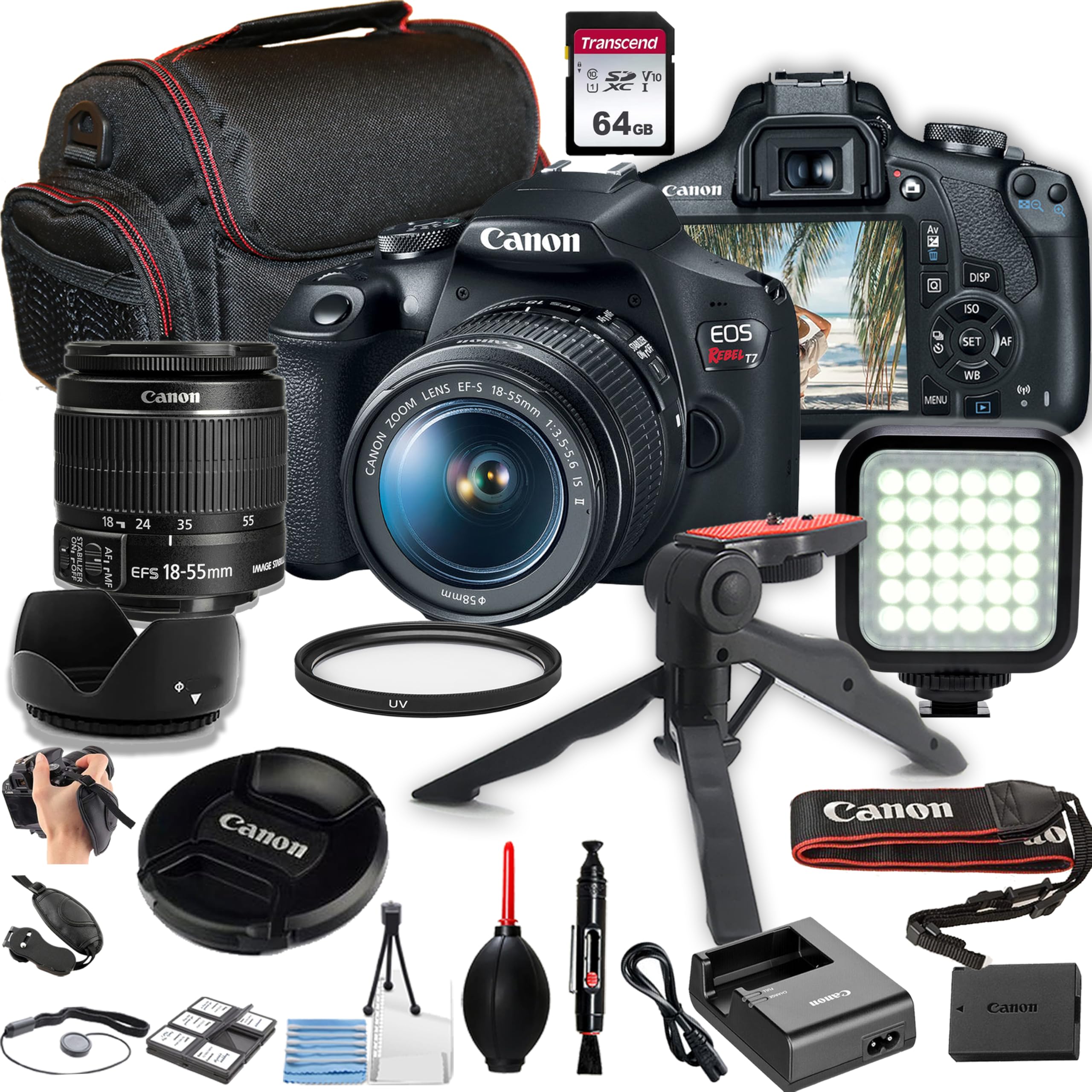 Canon EOS Rebel T7 DSLR Camera Bundle – EF-S 18-55mm Lens, 64GB Memory Card, LED Video Light, Tripod, Camera Case &amp; Accessories Kit (Renewed)