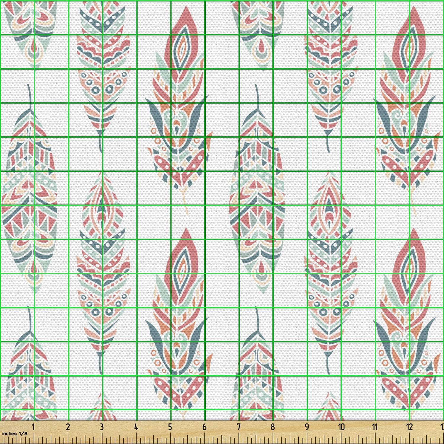 Ambesonne Feather Fabric by The Yard, Hand Drawn Motifs Culture Pastel Color Hippie Plumage Bohemian Effect, Decorative Fabric for Upholstery and Home Accents, 3 Yards, Seafoam Coral
