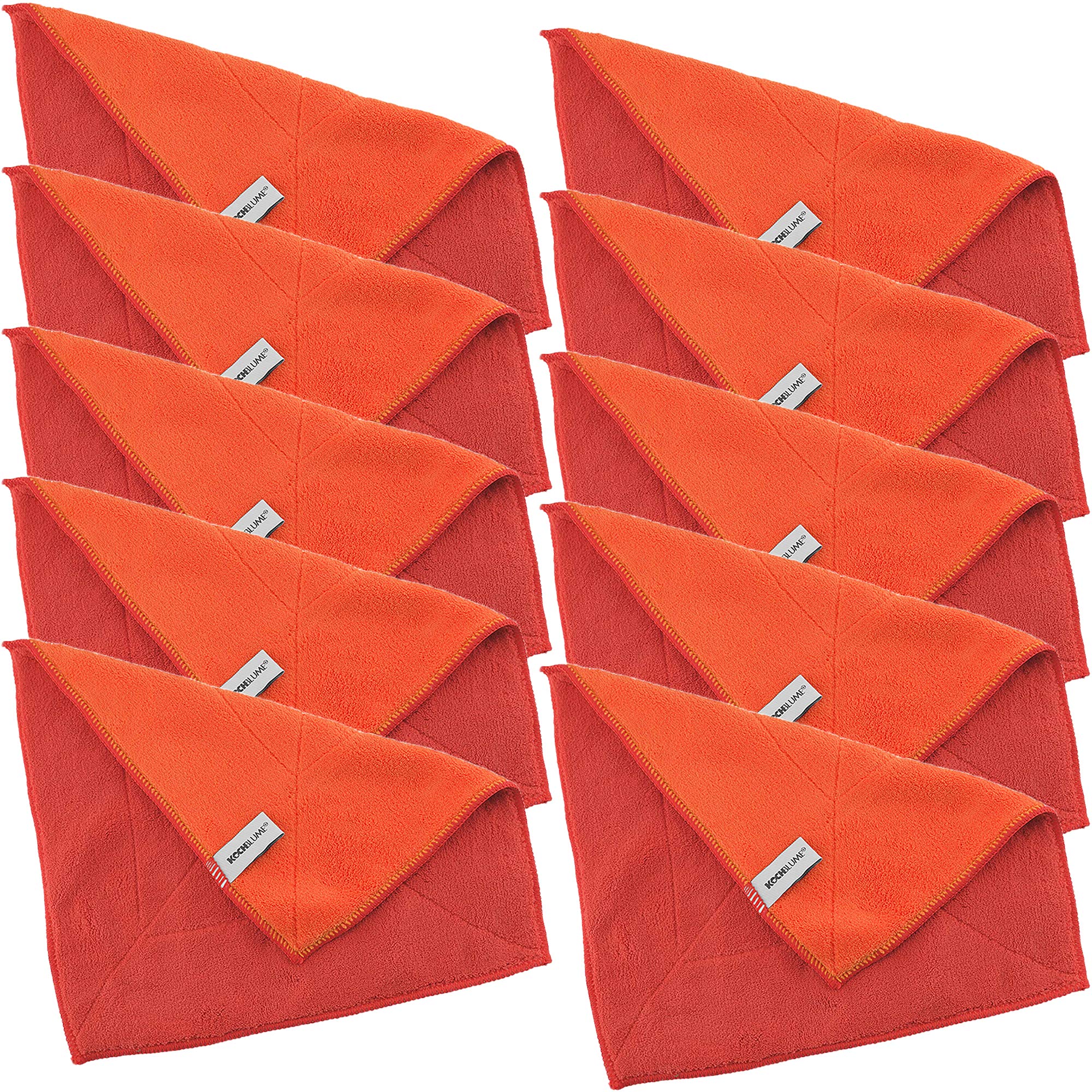 Kochblume1-3-5-10 Set | Microfibre Cloth Cleaning Cloth 30 x 30 cm, Absorption Capacity up to approx. 300 ml | in a Colourful Box (Red-Orange, Set of 10)