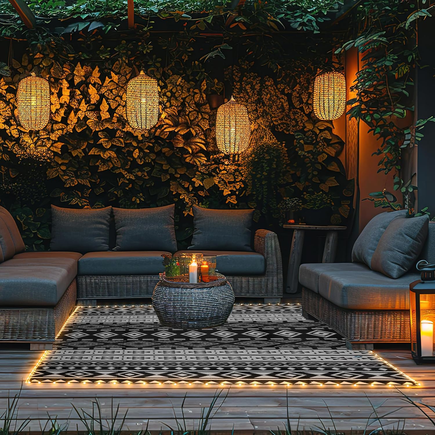 Pure Garden Outdoor Patio Rug with LED Lights - 8x10 Outdoor Rug - Plastic Straw Patio Mat Outdoor Waterproof Carpet - RV or Porch Decor (Gray)