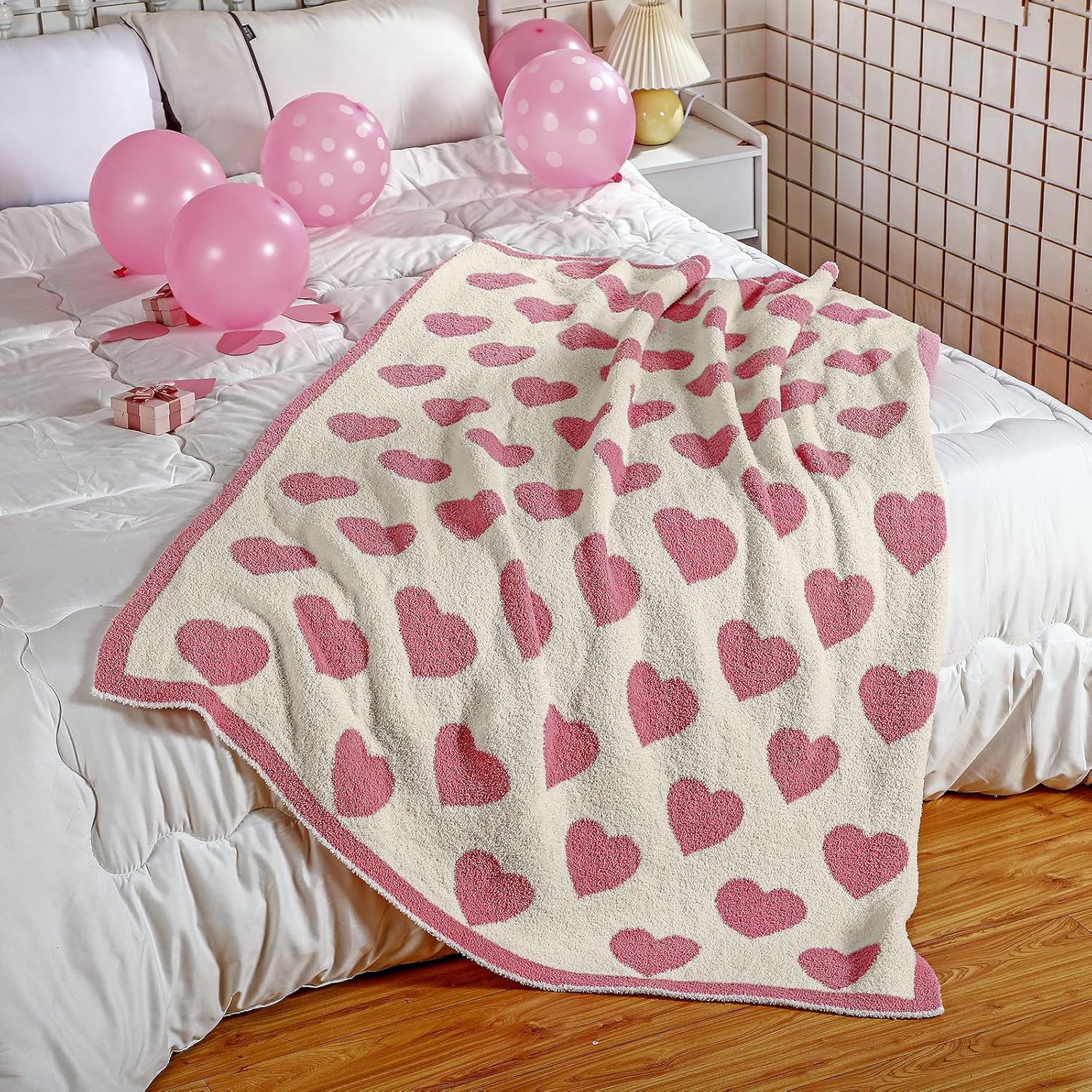 Buryeah Valentine's Day Knit Throw Blanket 50 x 60 Inch Heart Reversible Knitted Blanket Microfiber Love Romantic Love Decorative Gifts for Wife Women Sofa Bed Home Decor(Pink) - Image 4