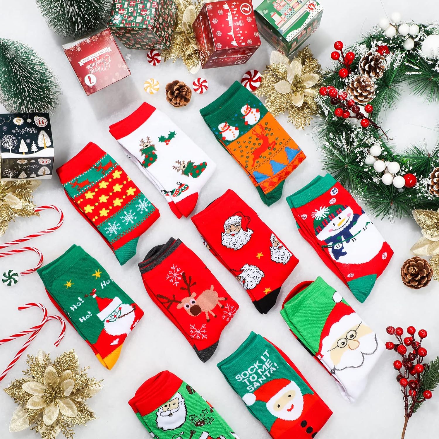 BBTO 70 Pairs Christmas Crew Socks Christmas Holiday Colorful Cozy Fancy Xmas Winter Warm Festive Novelty Santa Claus Socks for Women Men, Festive, Crew - Image 6