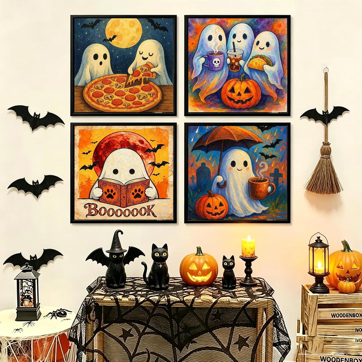 Canrichshop 4 Packs Halloween Ghost Framed Paint by Numbers Kit for Adults with Wooden Easel & Color Box,Ghost DIY Painting by Number on Canvas Gift,Easy Oil Acrylic Paint Prezzie 8x8inch