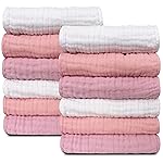 Sunny zzzZZ Baby Muslin Washcloths -100% Cotton Muslin Soft Baby Bath Wash Cloths and Absorbent Burp Cloths for Newborns Kids Girls and Boys -12 Pack, 12x12 Inches - White+Light Sakura Series