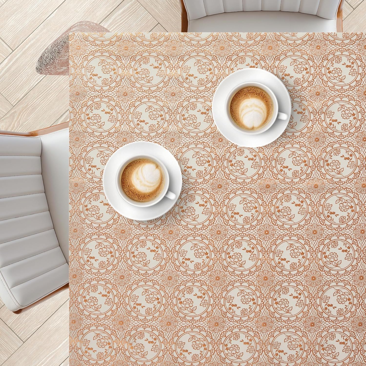 KP HOME Lace Embroidery - Waterproof Wipe Clean Tablecloth Square 53.9” x 53.9” (137x137cm) - Wipeable Plastic Table Cloth Vinyl PVC Oil Cloth Table Cover - Gold and White Medallion Pattern
