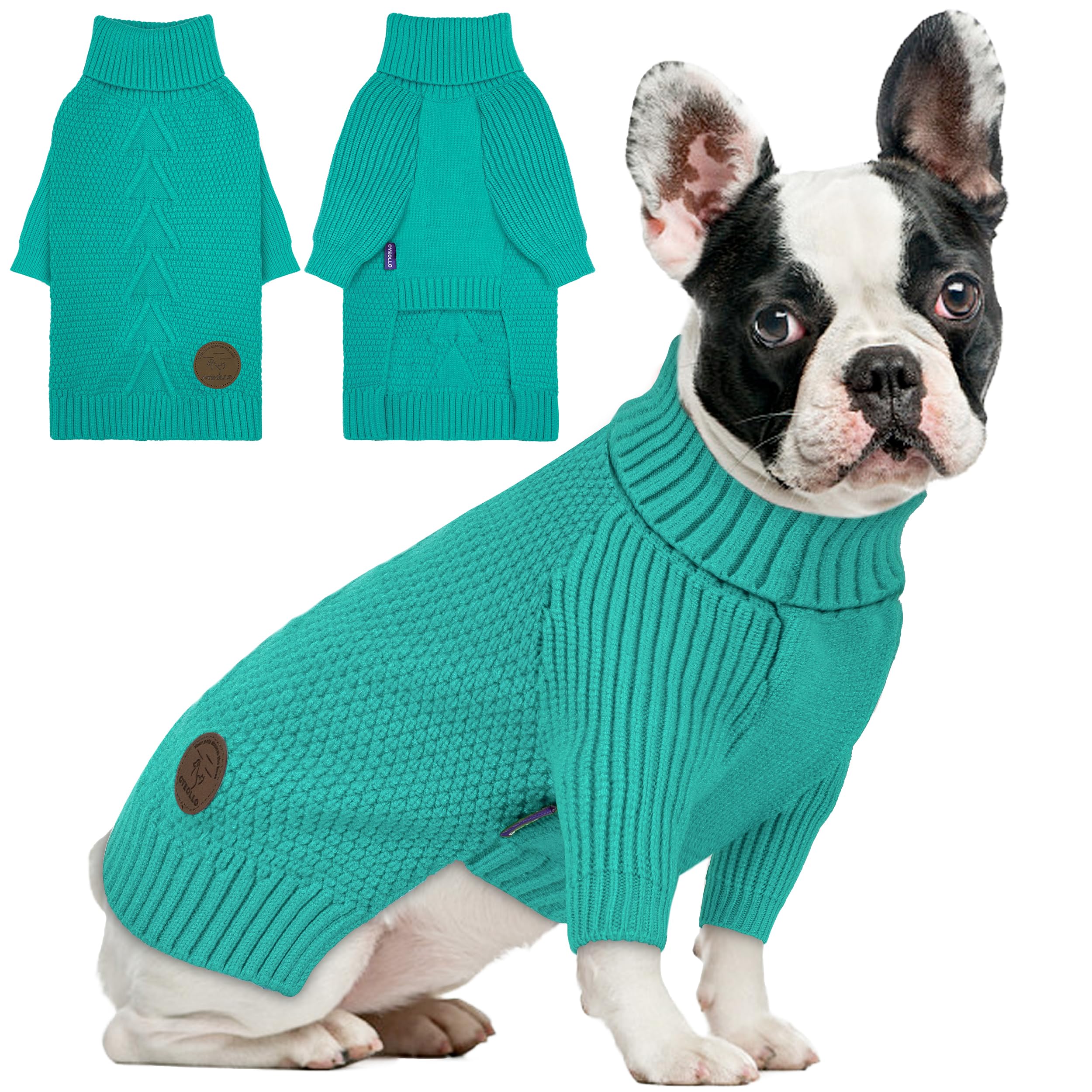 cyeollo Warm Fleece Dog Sweater, Tureleneck Sweatershirt for Small Boy & Girl Dogs Pullover Doggy Clothes in Cold Weather Stretchy Fall Winter Pet Outfit Puppy Coat, Aqua Green M