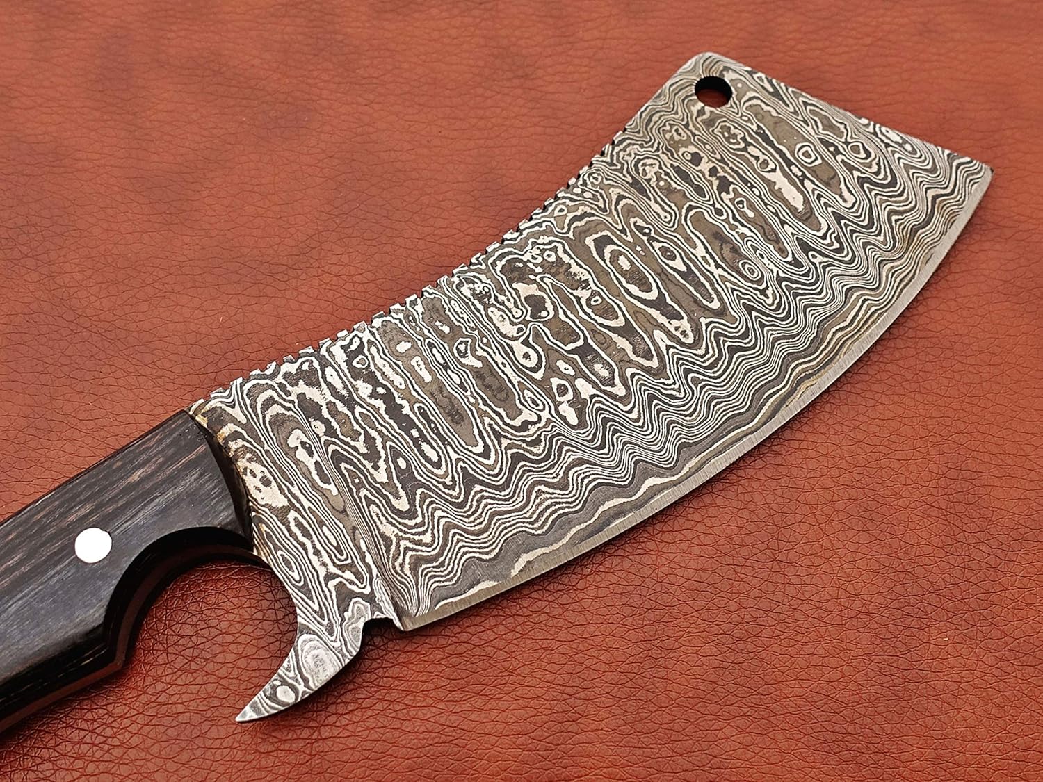 10" long hand forged rain drop Pattern Damascus steel Butcher Meat cleaver, Natural walnut wood scale, Cow hide Leather sheath included (Black)