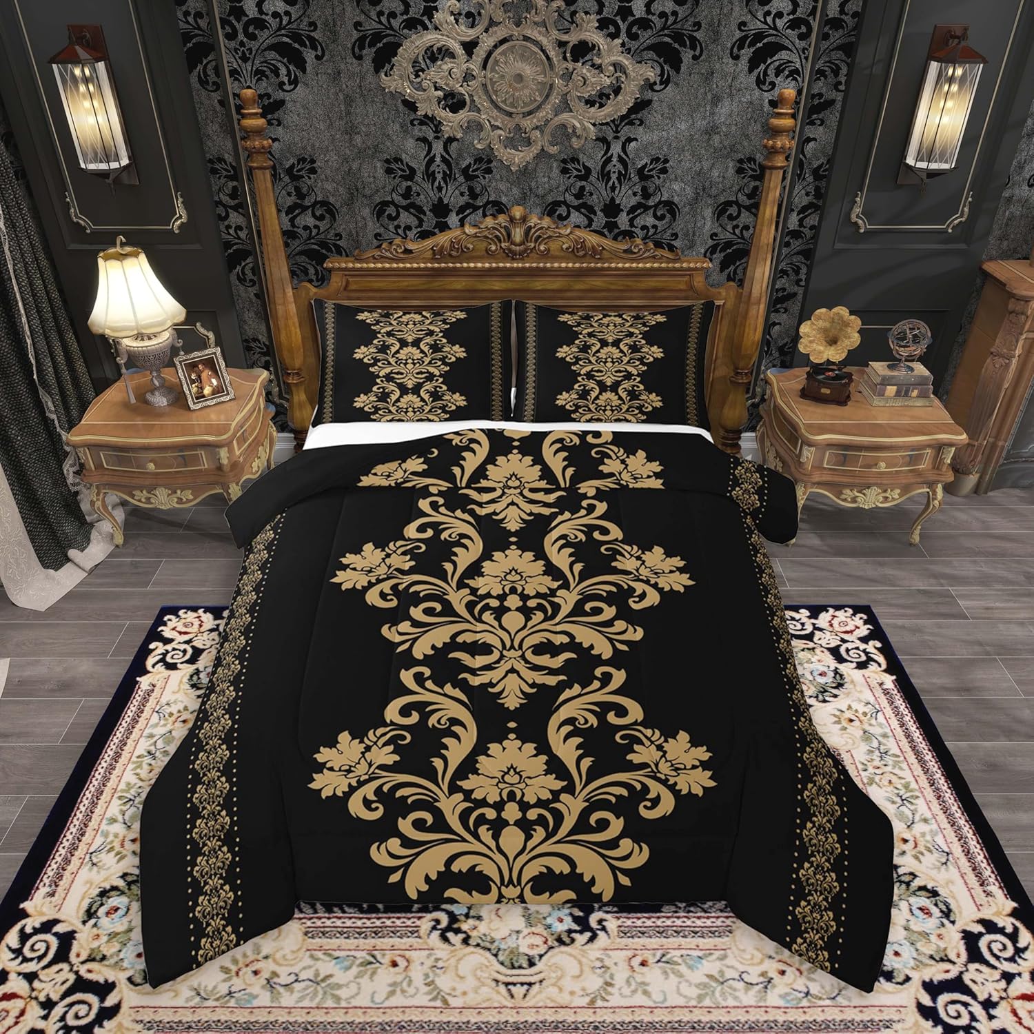 jejeloiu Queen Size Black Gold Damask Print Bedding Set for Kids Boys Girls Gothic Vintage Comforter Set Jacquard Floral Duvet Quilt Bedroom Decor Soft Lightweight Microfiber 3Pcs