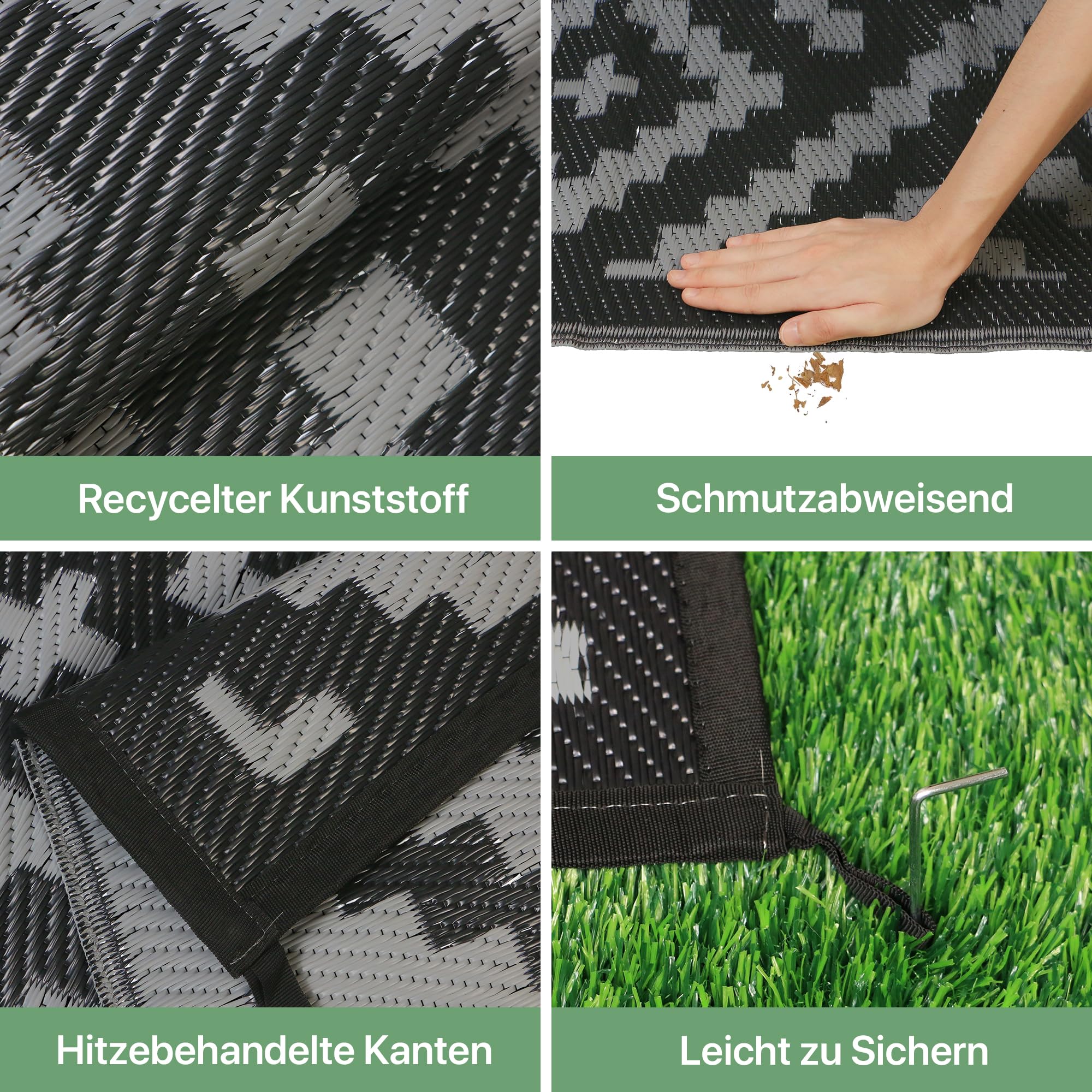 GENlMO Outdoor Teppich Wetterfest 150x240cm Picknickdecke Plastik-Strohhalm Matte UV-bestandig Camping Teppich Waschbarer Outdoor Teppiche fur Garten, Balkon,Pool, Deck, Hinterhof, Schwarz & Grau