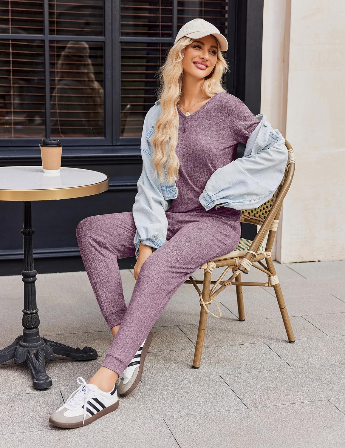 Ekouaer Pajamas for Women Set 2 Piece Rib Knit Lounge Set Joggers Loungewear Short Sleeve Pjs with Pockets - Image 5