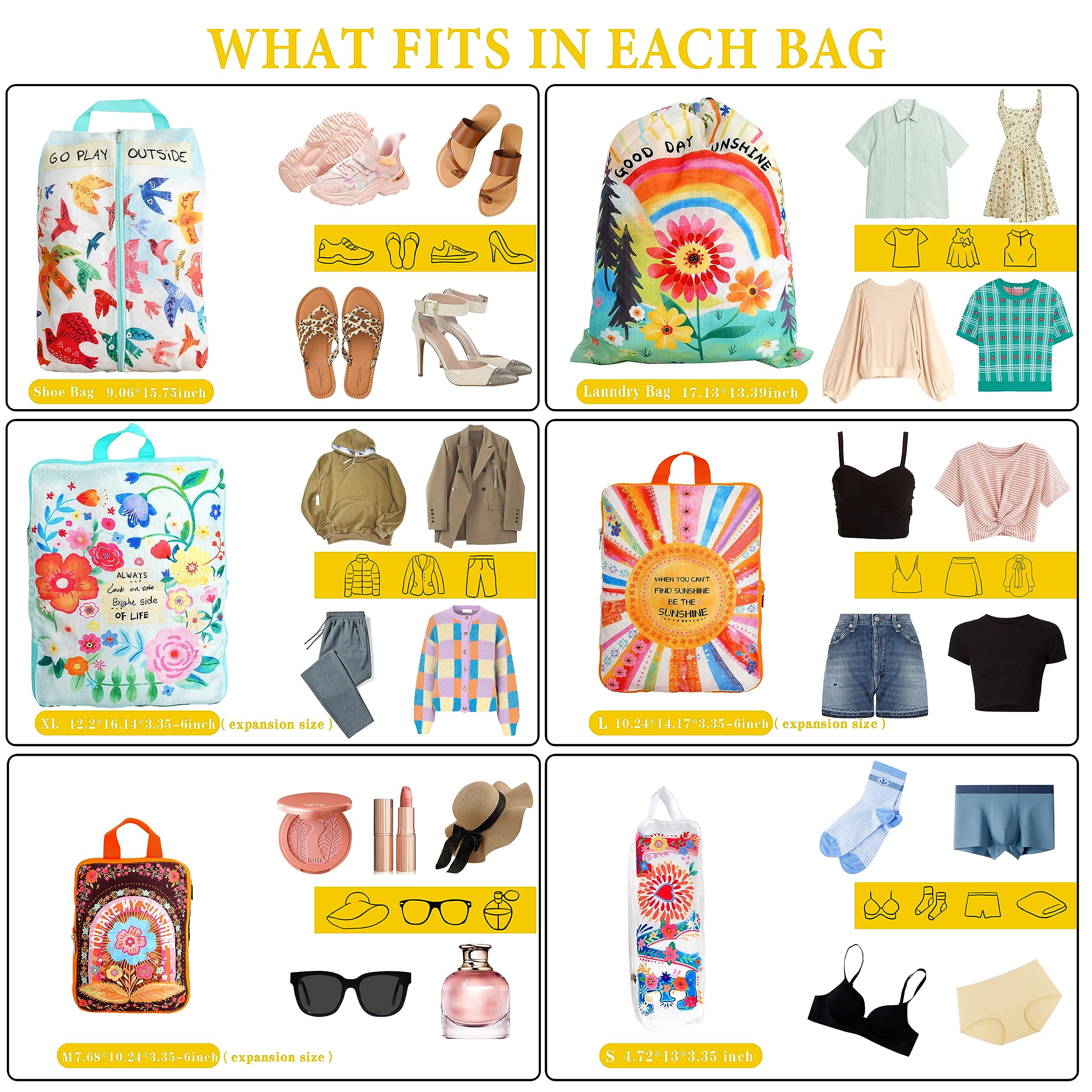 Kompressions-Verpackungswürfel für Reisen, 6er-Set, natürliches Leben, Gepäck-Organizer, leicht, wasserdicht, erweiterbar/Kompressionsbeutel, Bohemia, geruchsdicht, Reisepackwürfel für Koffer