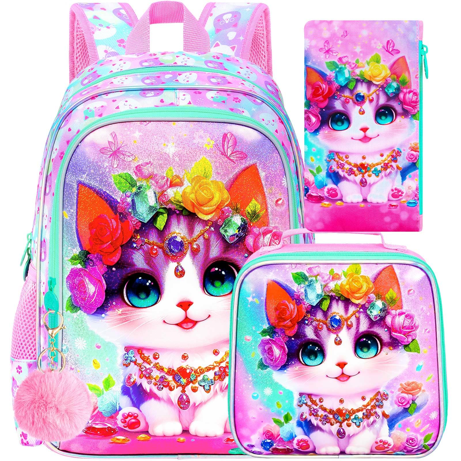 ZLYERT 3Pcs Cat Backpack for Girls, 16" Kids School Backpacks with Lunch Box, Bookbag for Elementary Preschool Kindergarten(Pink)