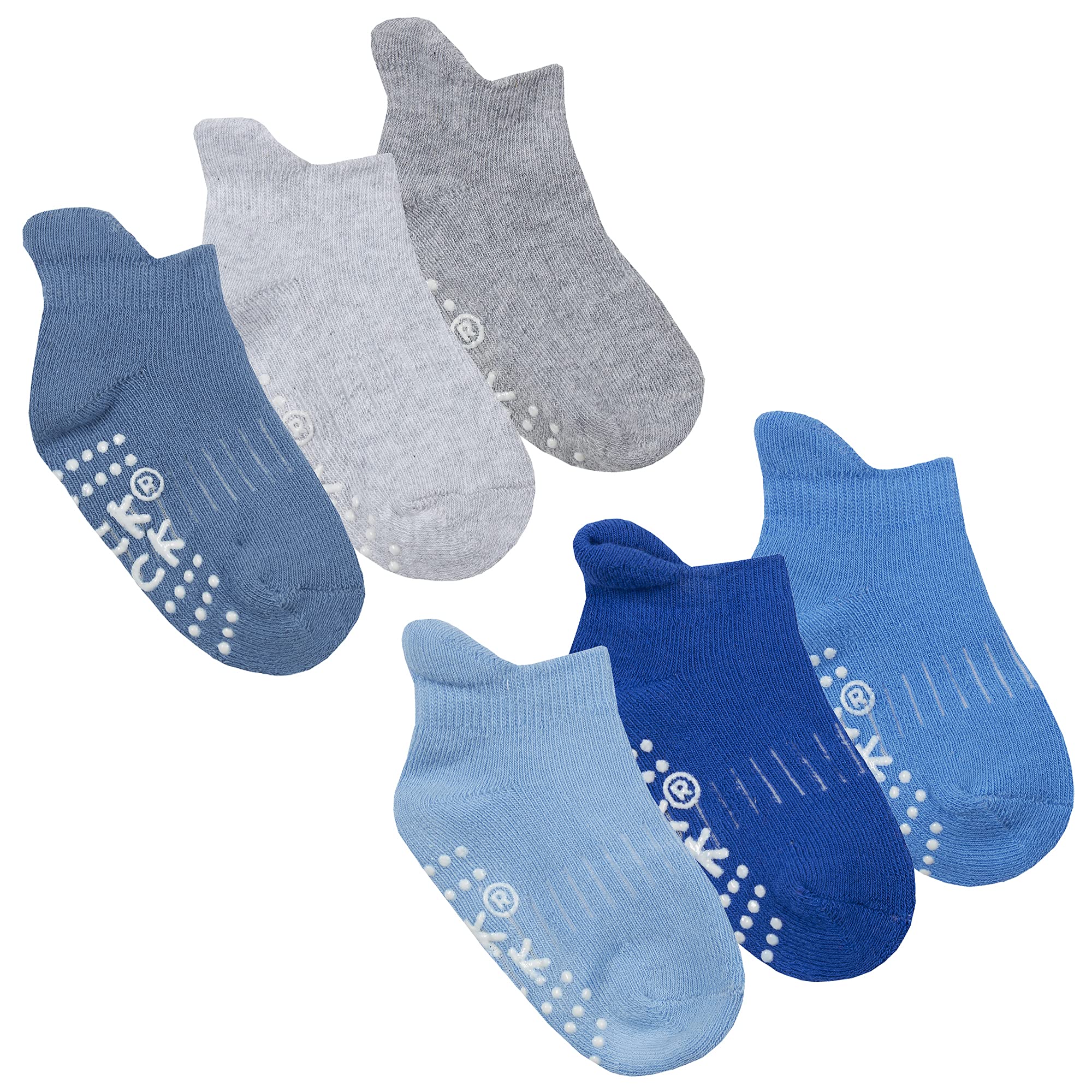 Baby 6 Pairs Grip Cotton Socks, Terry, Ankle | Toddler, Infant, Newborn | Non Slip/Slide Off | Blue, Grey, Navy, Pink, Purple, Lilac, White | Soft, Comfortable | Cozy, Warm, Winter | 0-24 Months Old