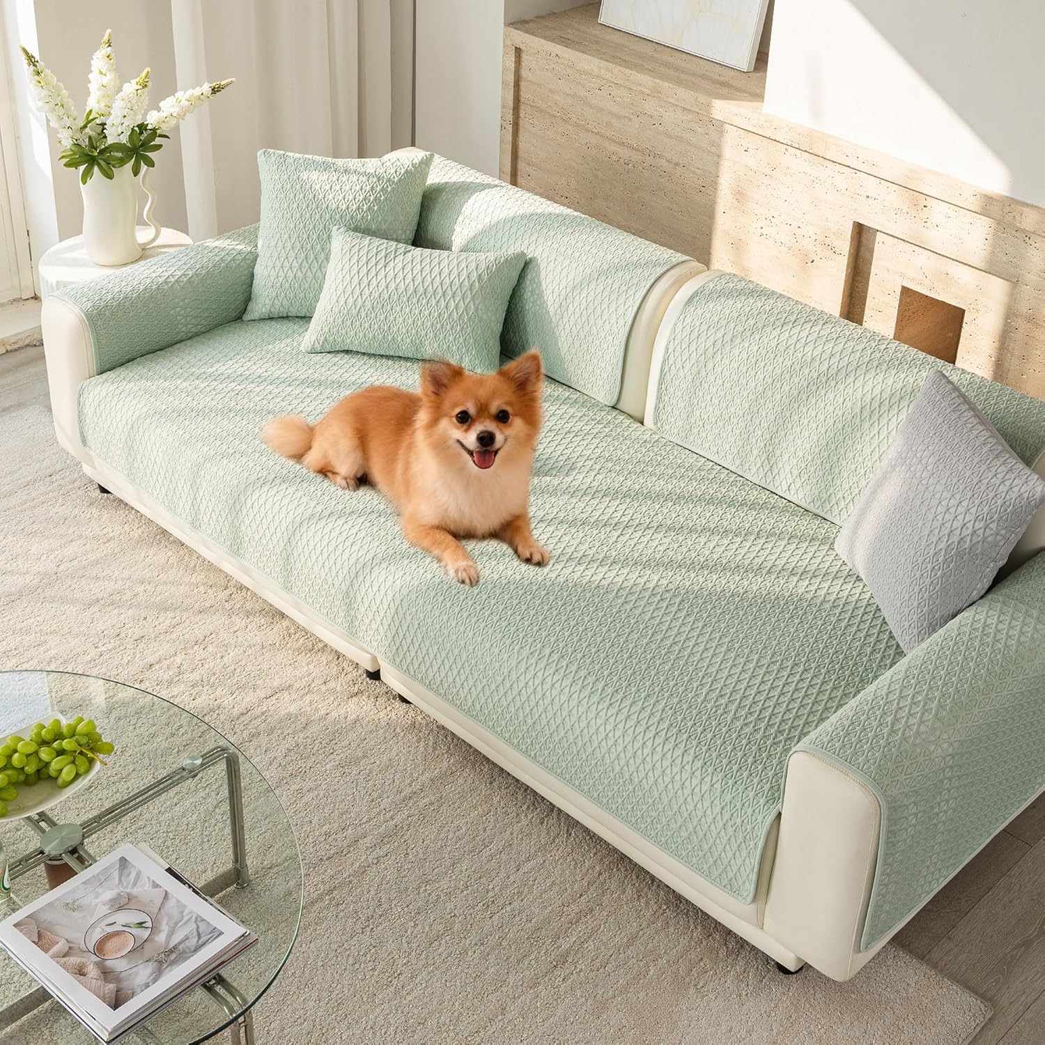 OTOB Ice Silk Fabric Couch Covers for Dogs Self Cooling, Washable & Non-Slip Sectional Sofa Slipcovers Furniture Protector, Soft Breathable Pet Couch Cover, 1 Piece (Fresh Green, 27.6"x82.7")