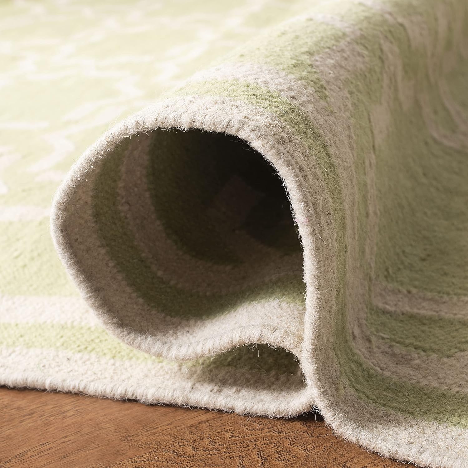 Ivory and Light Green Geometric Wool Square Rug, 6' x 6'