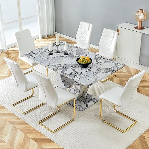 Miniatura 56 de JUFU Juego de mesa de comedor moderno para 6, juego de mesa de cocina de 63 pulgadas con mesa de mármol sintético y 4 sillas tapizadas de piel