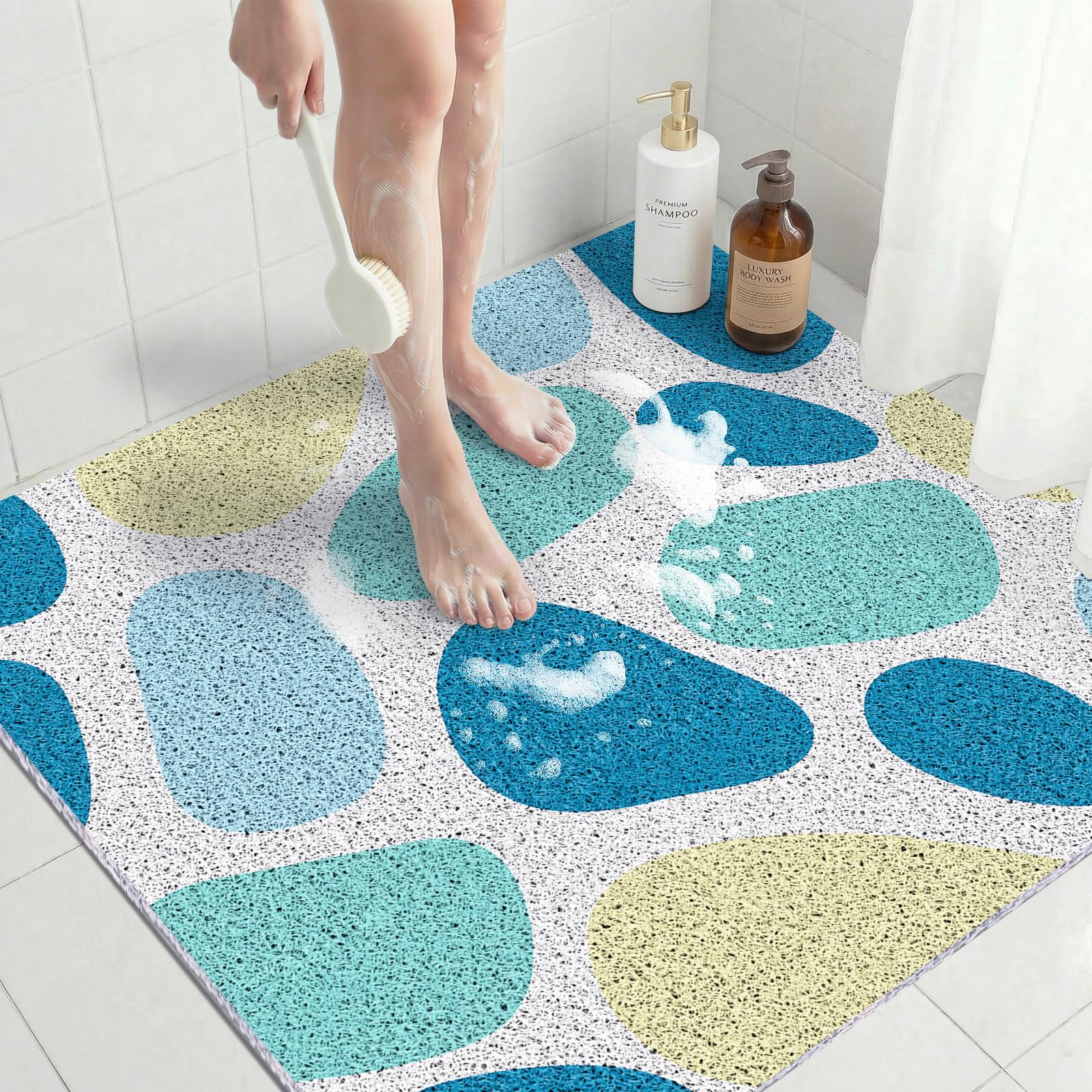 Large Square Loofah Shower Mat Non Slip 80x80 CM, Anti Mould Quick Drying PVC Mat for Inside Shower & Wet Room, Anti Slip for Elderly & Adults, Textured, Shower Mats for Inside Shower, Blue Stone