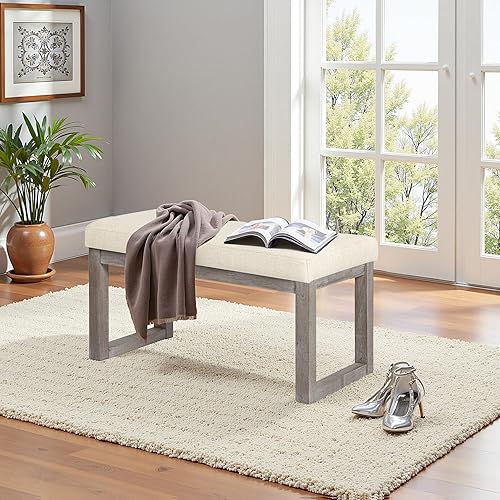 Miniatura 5 de CangLong Banco otomano de 27 pulgadas de ancho, reposapiés rectangular con tela de aspecto de lino y patas de madera para entrada, dormitorio y sala