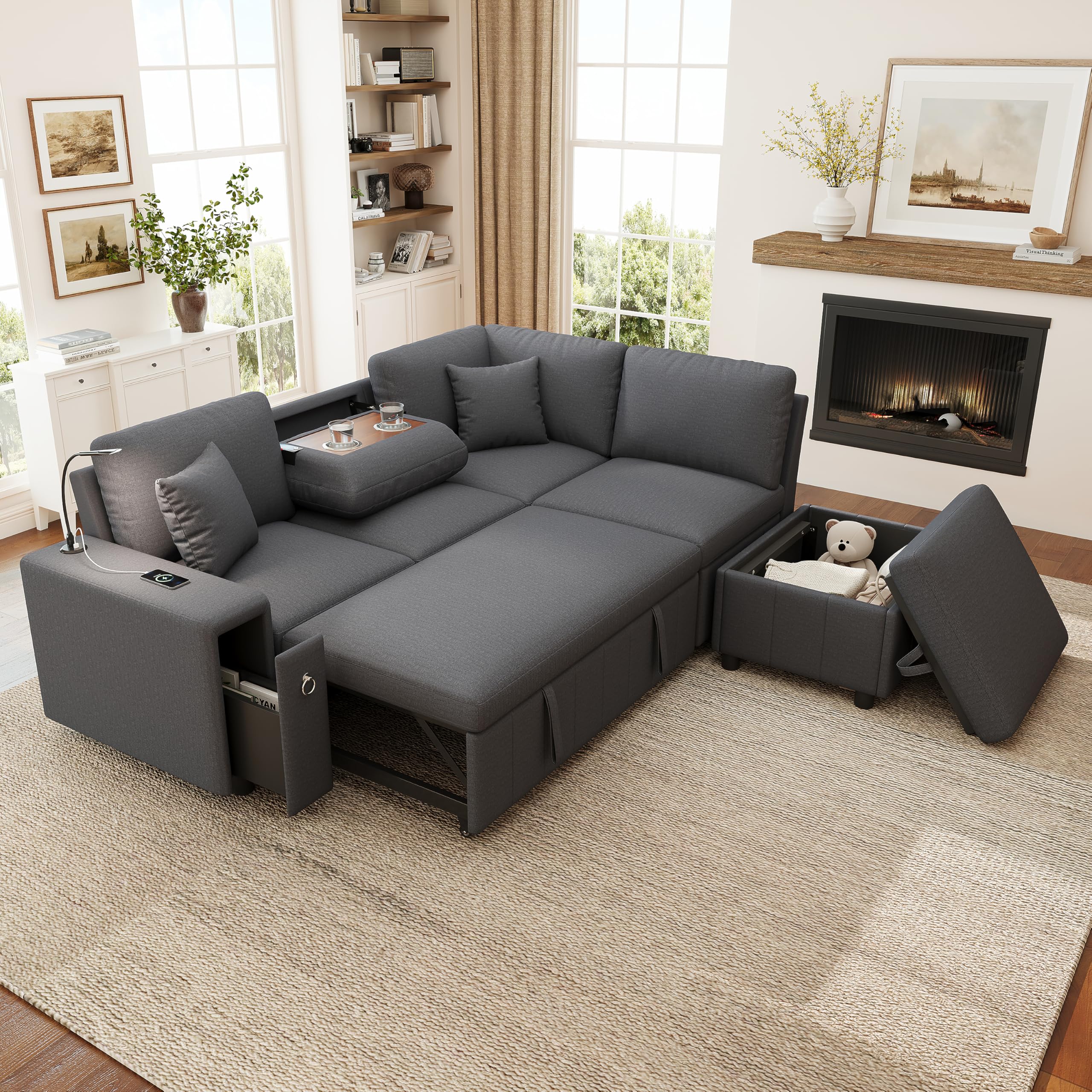 Ecksofa mit Schlaffunktion & Ausziehbett – Modulare Couch für Wohnzimmer & Heimkino, mit USB/Type-C, Leselicht, klappbarem Tisch, Getränkehaltern, Stauraum-Hocker, Leinen, grau
