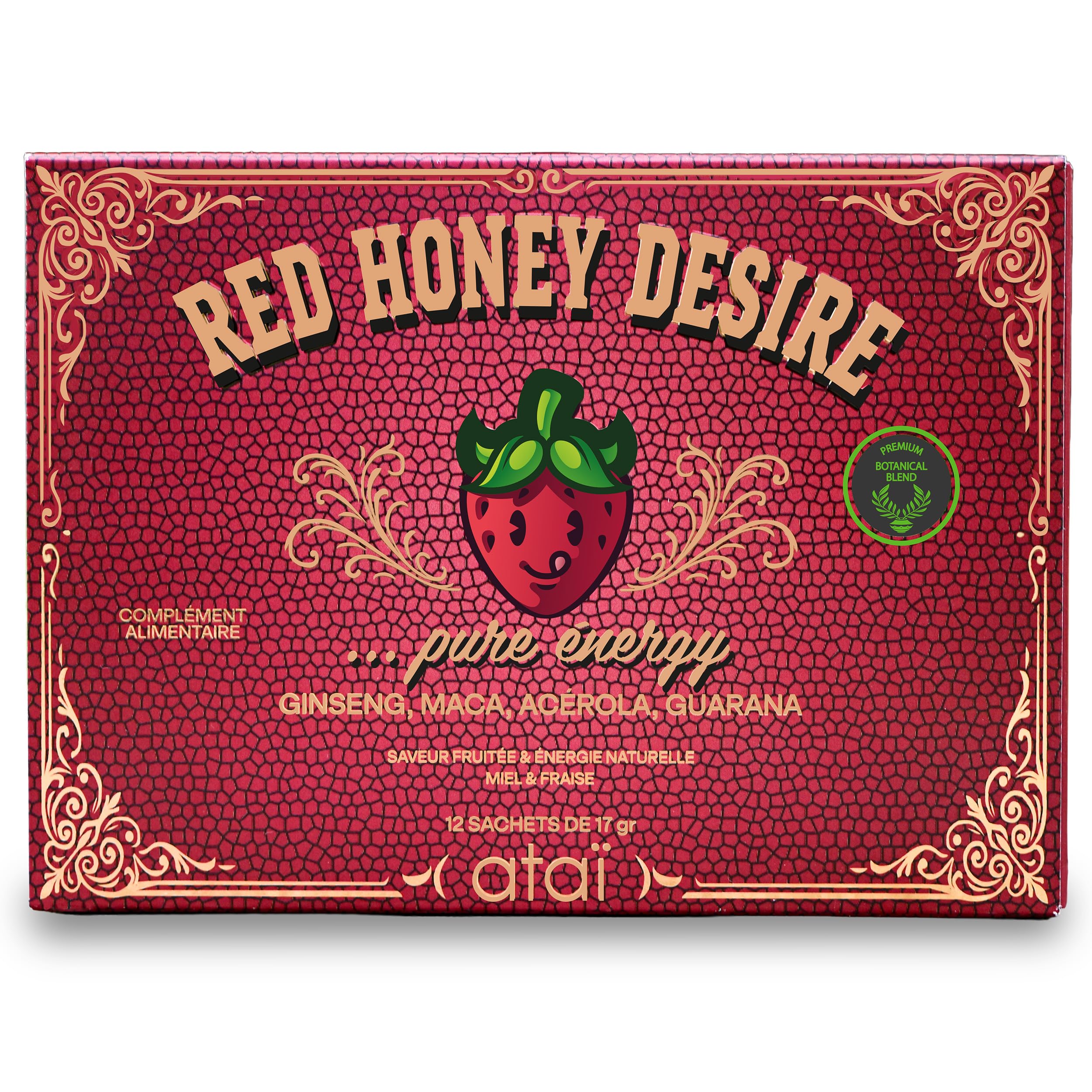ATAI | RED HONEY DESIRE | TONUS MASCULIN | Miel Énergisant Homme | Ginseng Rouge Maca Guarana Gelée Royale Acérola | Énergie Naturelle & Vitalité | Saveur Miel Fraise | 12 Sachets de 17 g