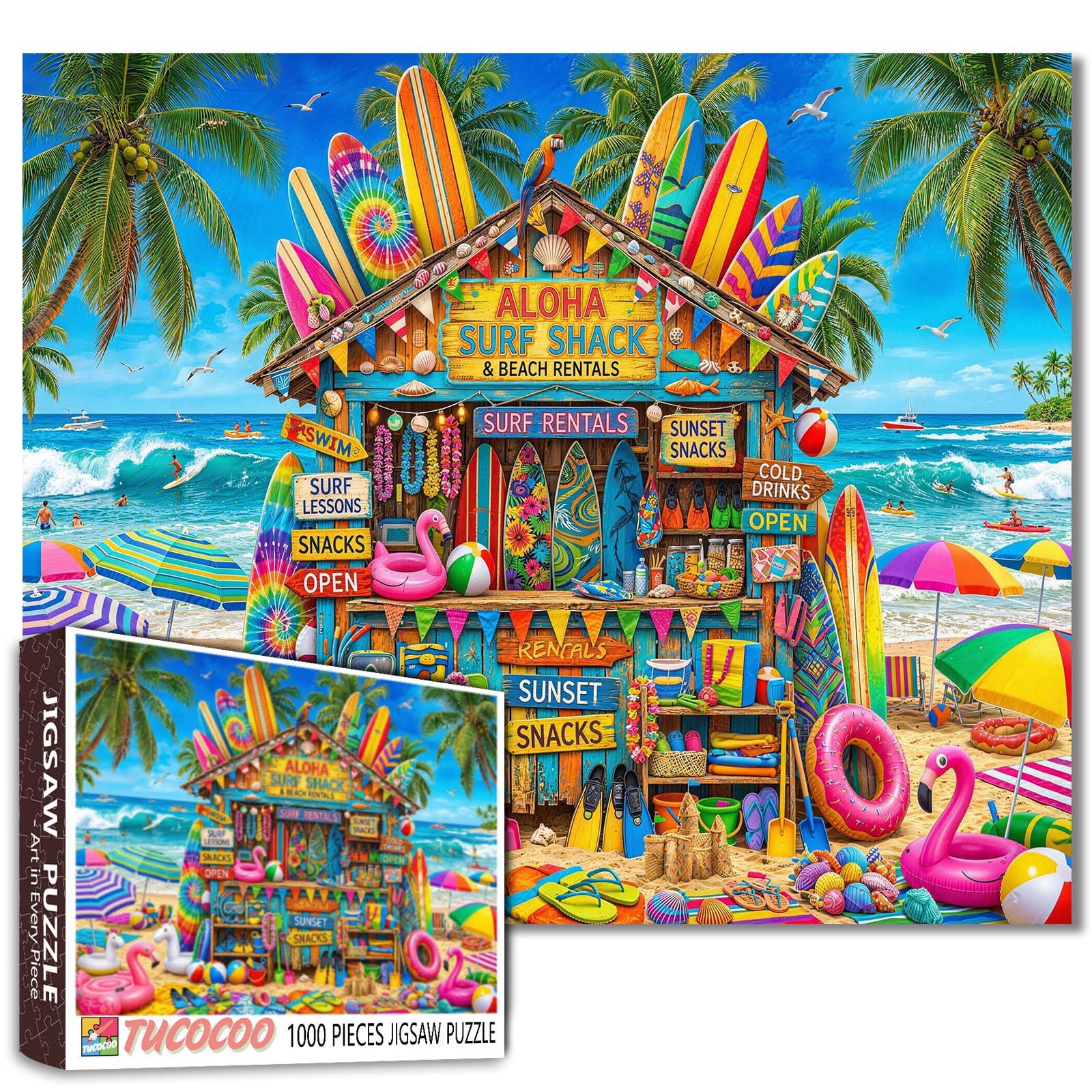 Surf Shack Puzzle Colorful Beach Market Jigsaw A Seaside Holiday Scene Pictures 1000 Pieces for Adults Beginner Challenging Family Activity Games DIY Crafts Puzzle for Home Decor Gifts — image 1