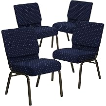 BizChair 4 Pack 21"W Stacking Church Chair in Navy Blue Dot Pattern Fabric - Gold Vein Frame