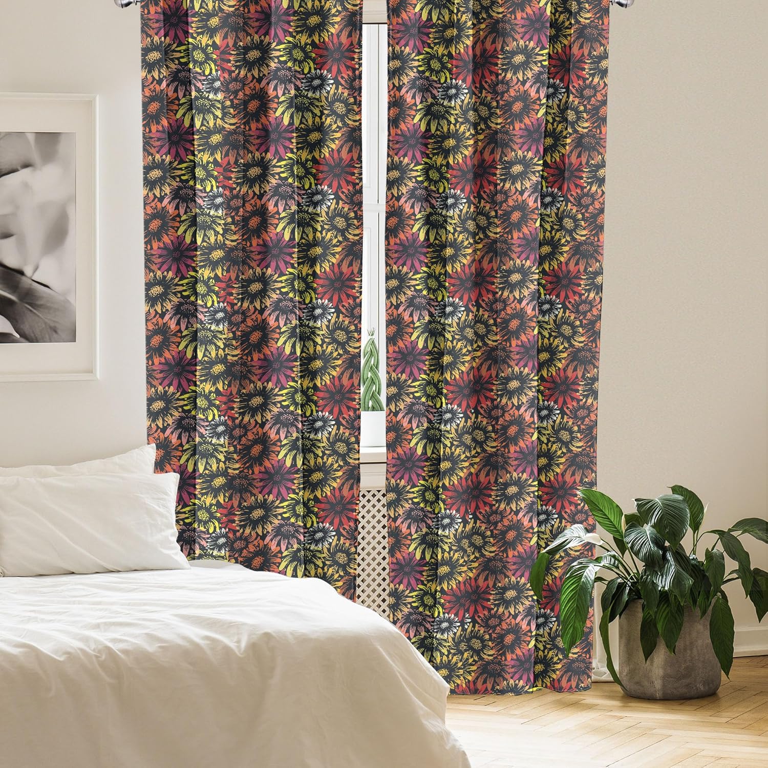 Ambesonne Floral Curtains, Vintage Daisy and Sunflowers Retro Grunge Vibrant Pattern Print, Window Treatments 2 Panel Set for Living Room Bedroom, Pair of - 28" x 95", Red Yellow