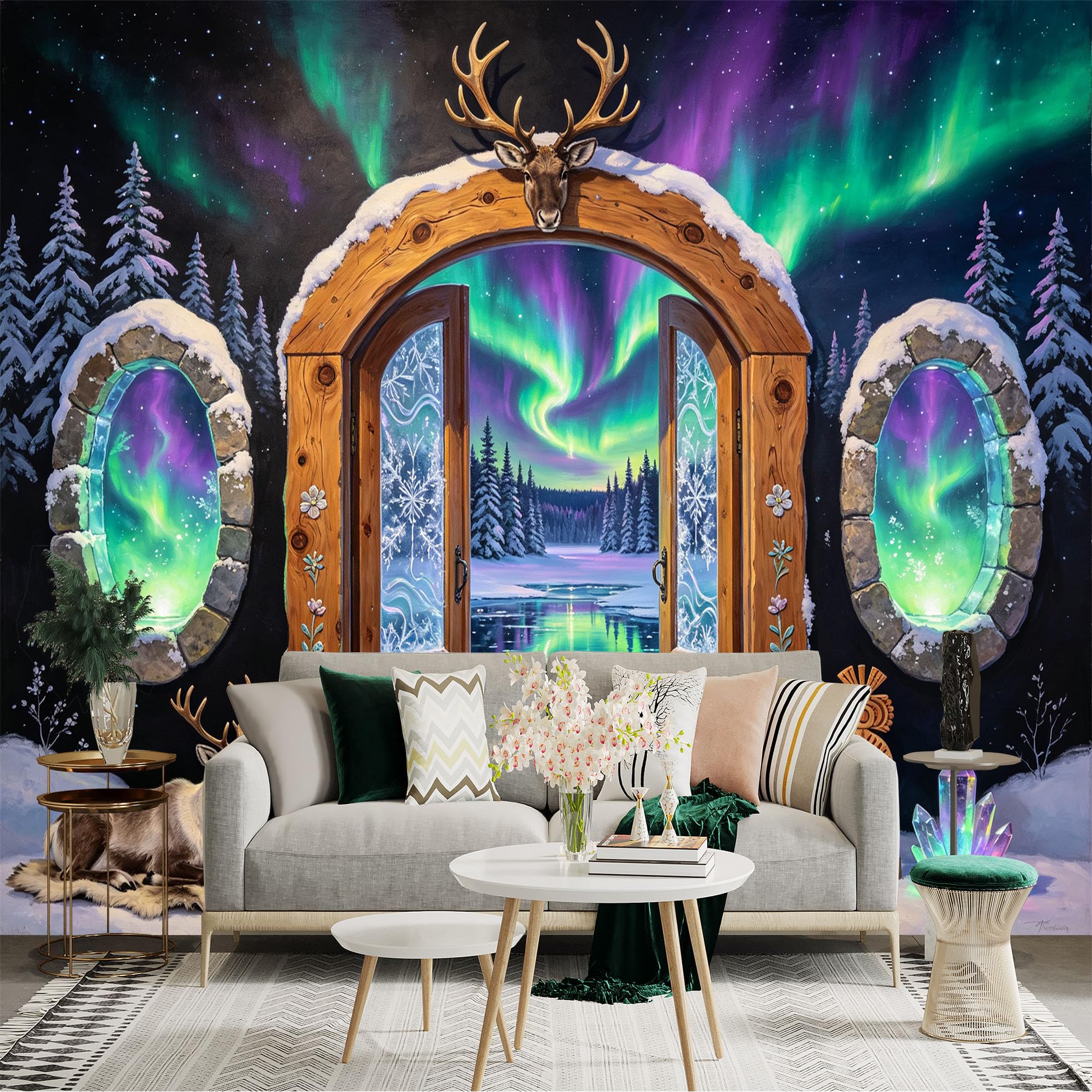 Custom Size Wall Sticker Mural， Aurora Borealis Winter Forest Lake Reindeer Wooden Door Night Sky， for wall Decoration， peelandstick wall Decals.