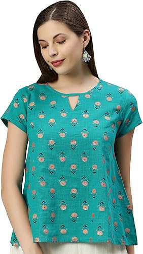 Janasya Top indio de algodón verde azulado para mujer