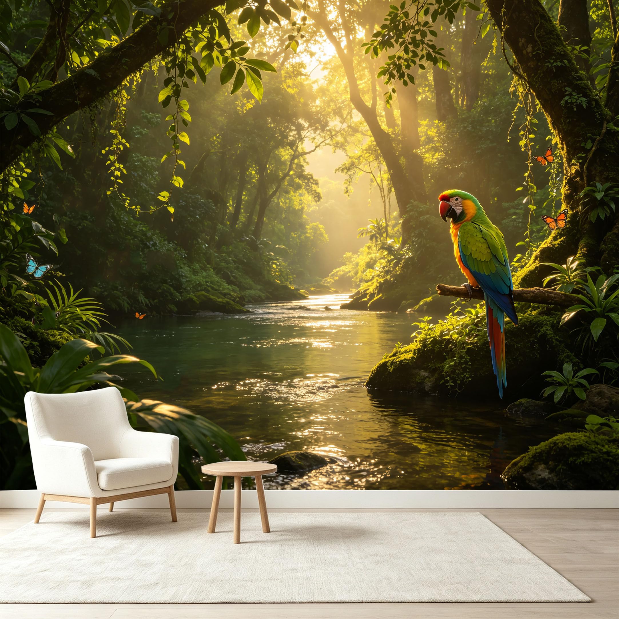 Custom Size Wall Murals Jungle Tropical Macaw Parrot River Sunbeam Self-Adhesive Wall Fabric Removable Wallpaper Wall Decor for Living Room Bedroom Bathroom