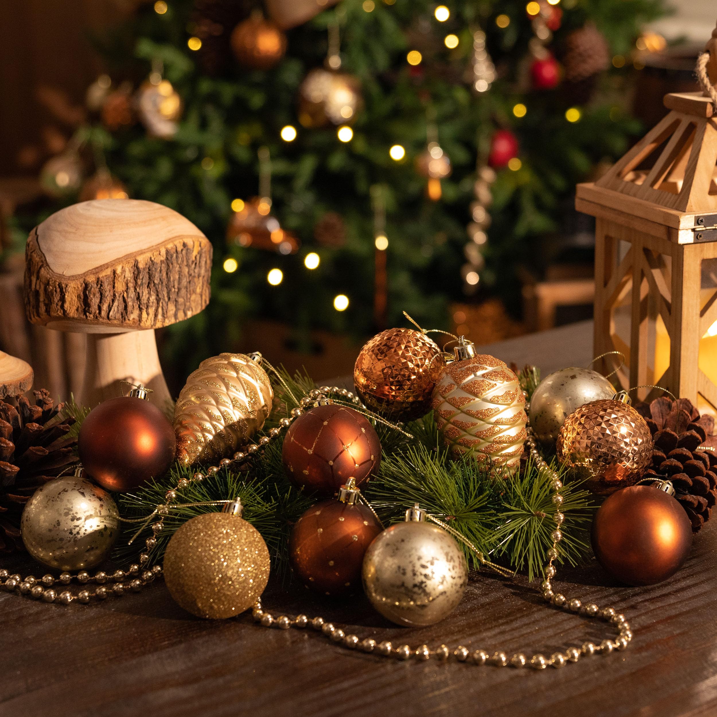Valery Madelyn 100 Bolas de Navidad Plásticas, Set de Adornos y Decoración para Árbol de Navidad en Tema Bronce