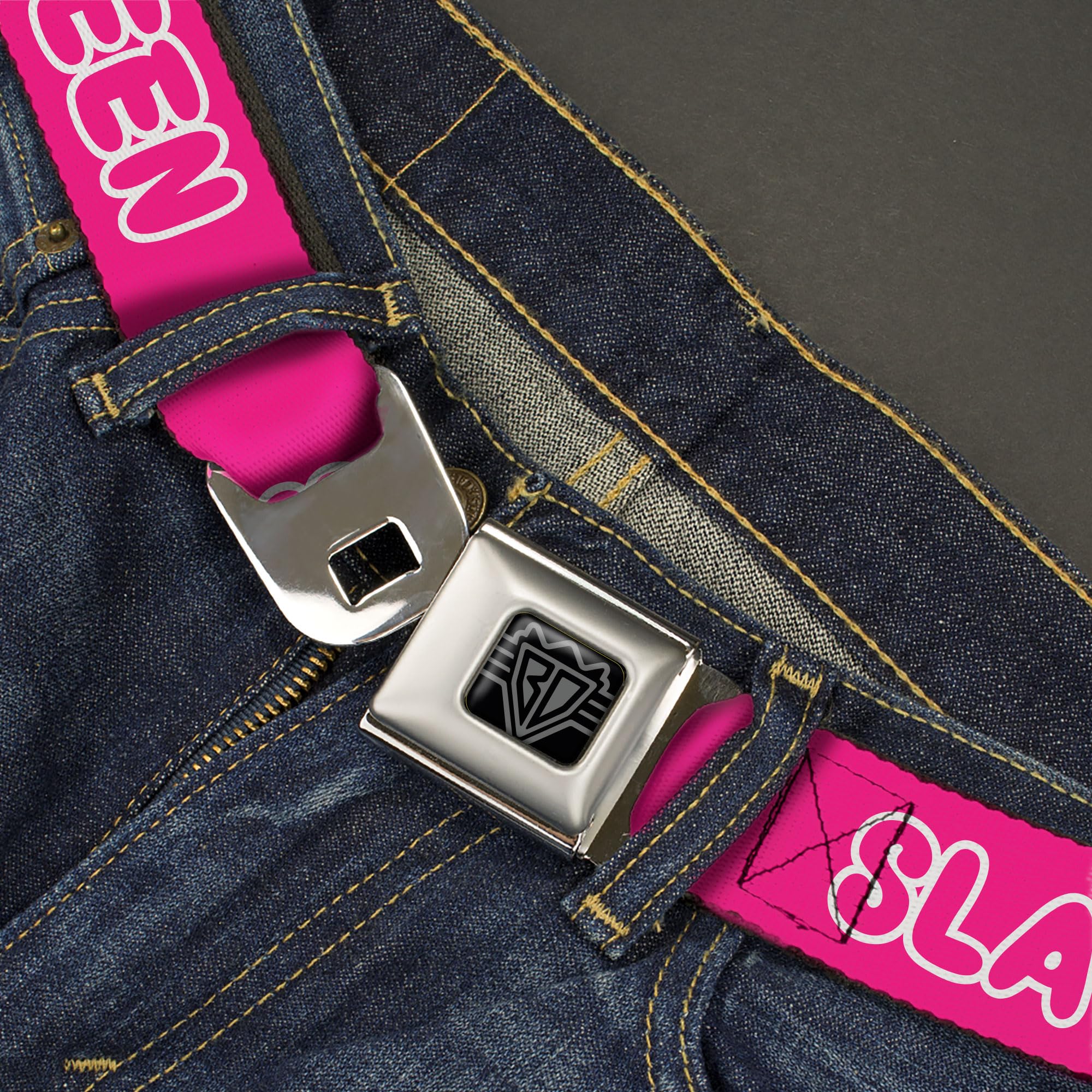 Buckle-Down Belt, Seatbelt Buckle Belt, Slay Queen Bubble Text Pink White, Youth 20 to 36 Inches